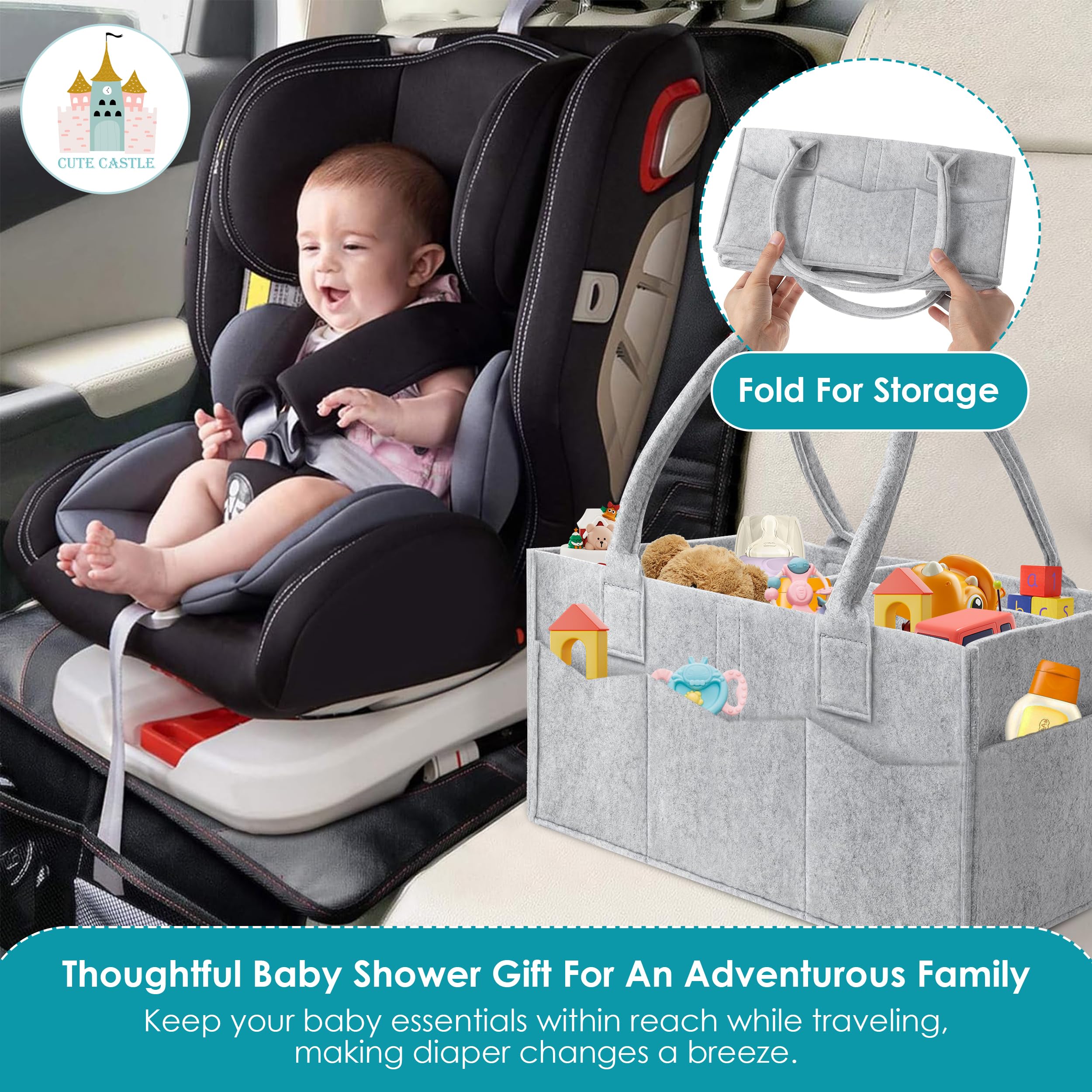 2 Pack Cute Castle Diaper Caddy Organizer - Portable Baby Storage Bin with Handle for Nursery & Car - Baby Gift Basket for Girls & Boys (Grey) - Perfect for Diaper Storage, Baby Essentials & On-the-Go Organization