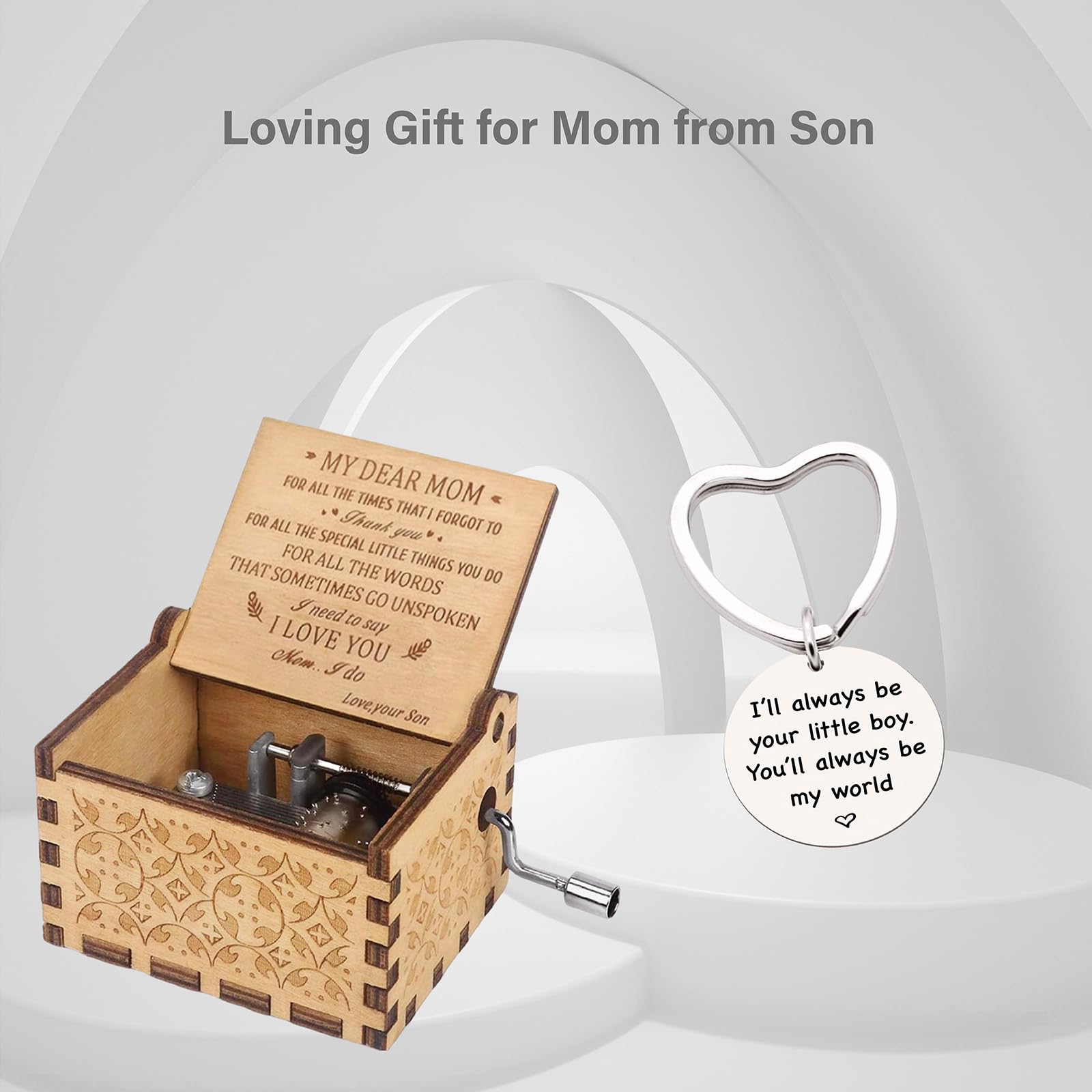 Wooden Music Box for Mom - Hand Crank 'You Are My Sunshine' Musical Gift from Son - Perfect for Birthday, Mother's Day, Christmas & Valentine's - Heartwarming Keepsake Keychain for Special Occasions