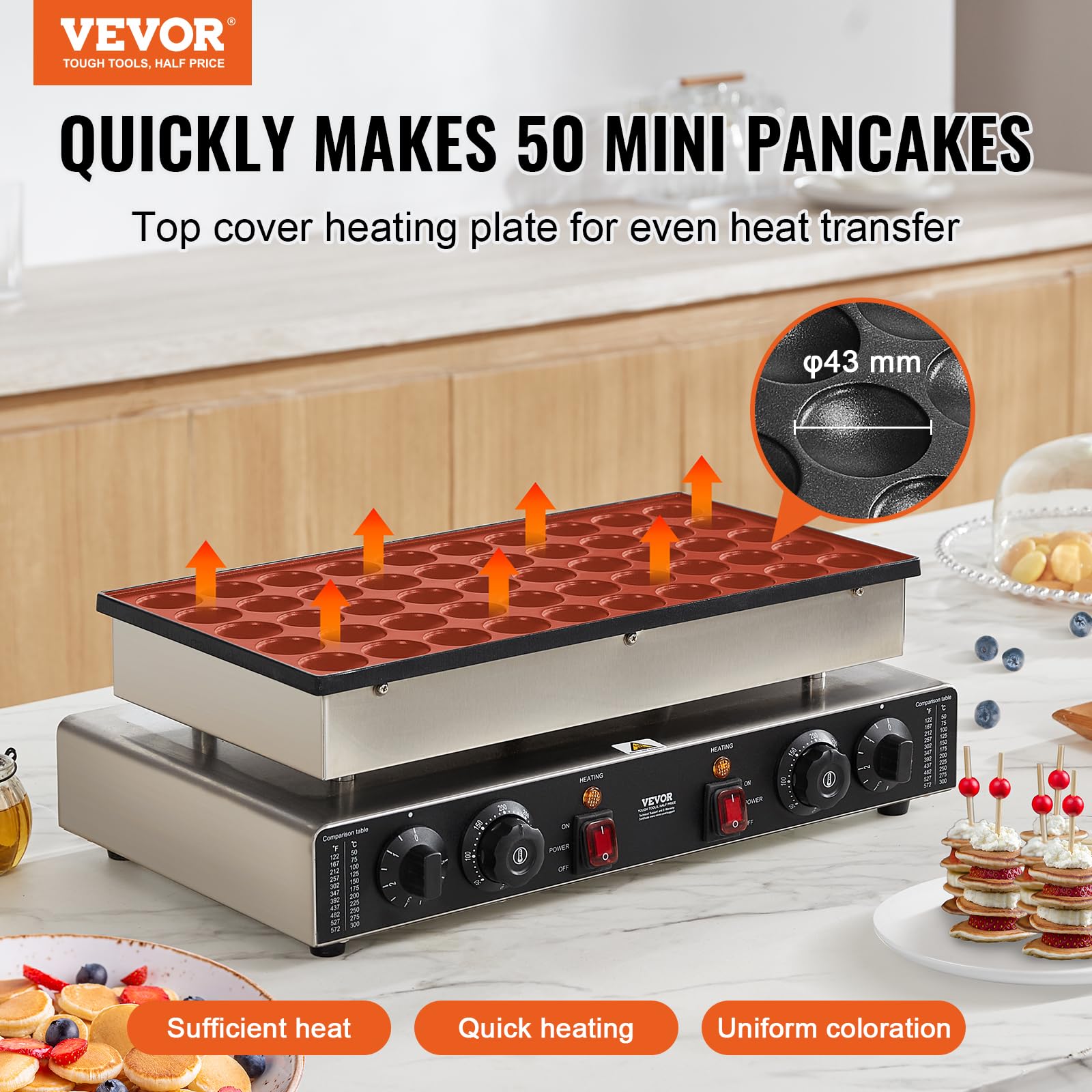 VEVOR 110V Mini Dutch Pancake Maker Machine - 1700W Commercial Electric Nonstick Waffle Baker with 50PCS 1.8 Inch Molds, Dual Thermostats & Independent Timers - Perfect for Home Kitchens, Cafes, and Breakfast Restaurants