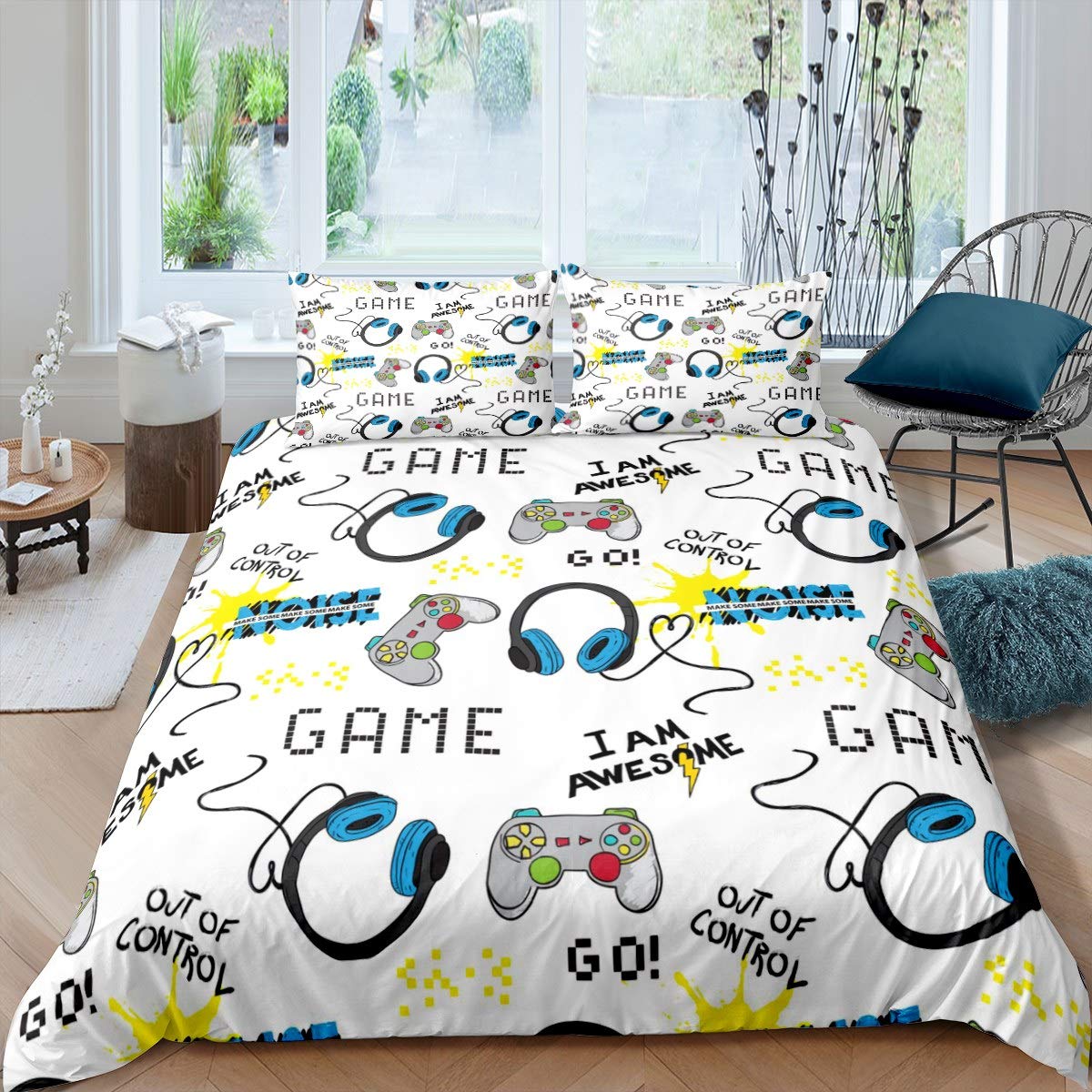 Feelyou Kids Video Game Comforter Cover Set - Twin Size 2Pcs, Gamepad & Headset Design, Soft Microfiber Bedding for Boys' Bedroom - Perfect for Gaming Themed Rooms & Sleepovers