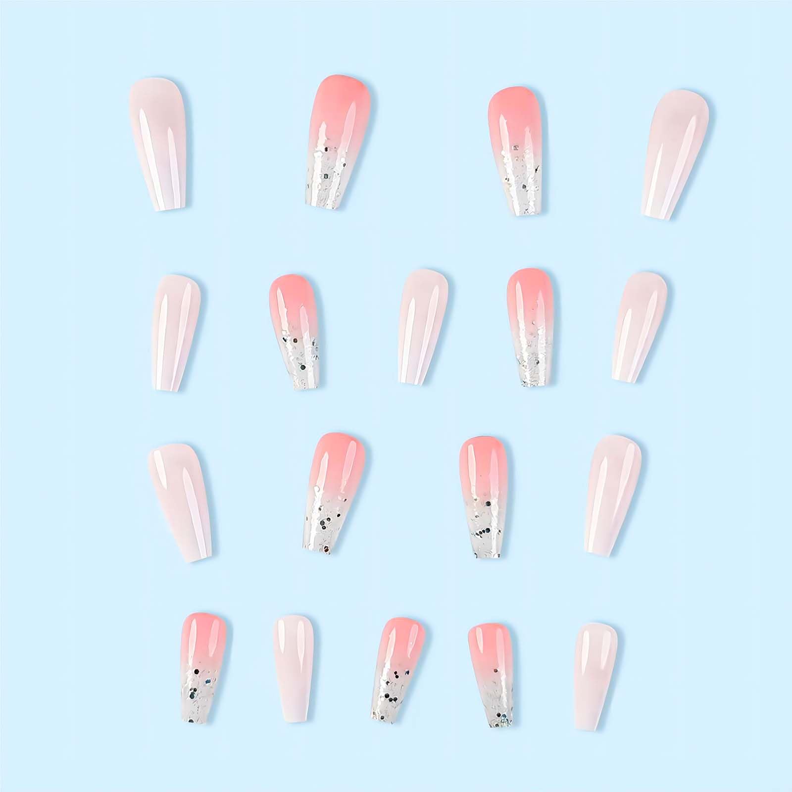 24Pcs Coffin Fake Nails Press On - Pink White Ombre Glitter Acrylic False Nails with Shiny Ballet Designs | Glossy Artificial Stick on Nails for Women | Perfect for Parties, Weddings & Special Occasions