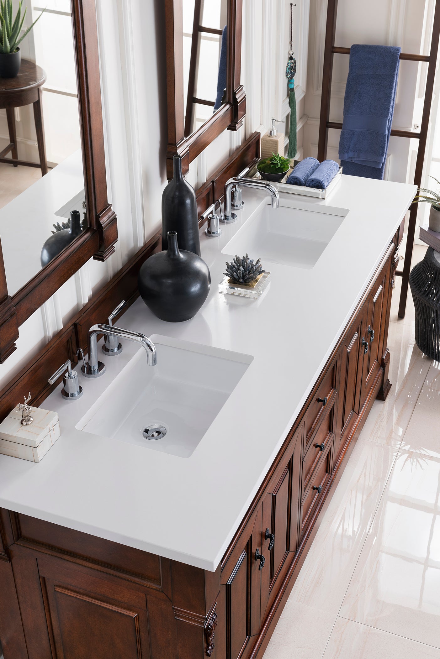 Brookfield 72 Inch Double Bathroom Vanity with Warm Cherry Finish & 3CM Classic White Quartz Countertop - Perfect for Master Bathroom or Guest Bath Remodel