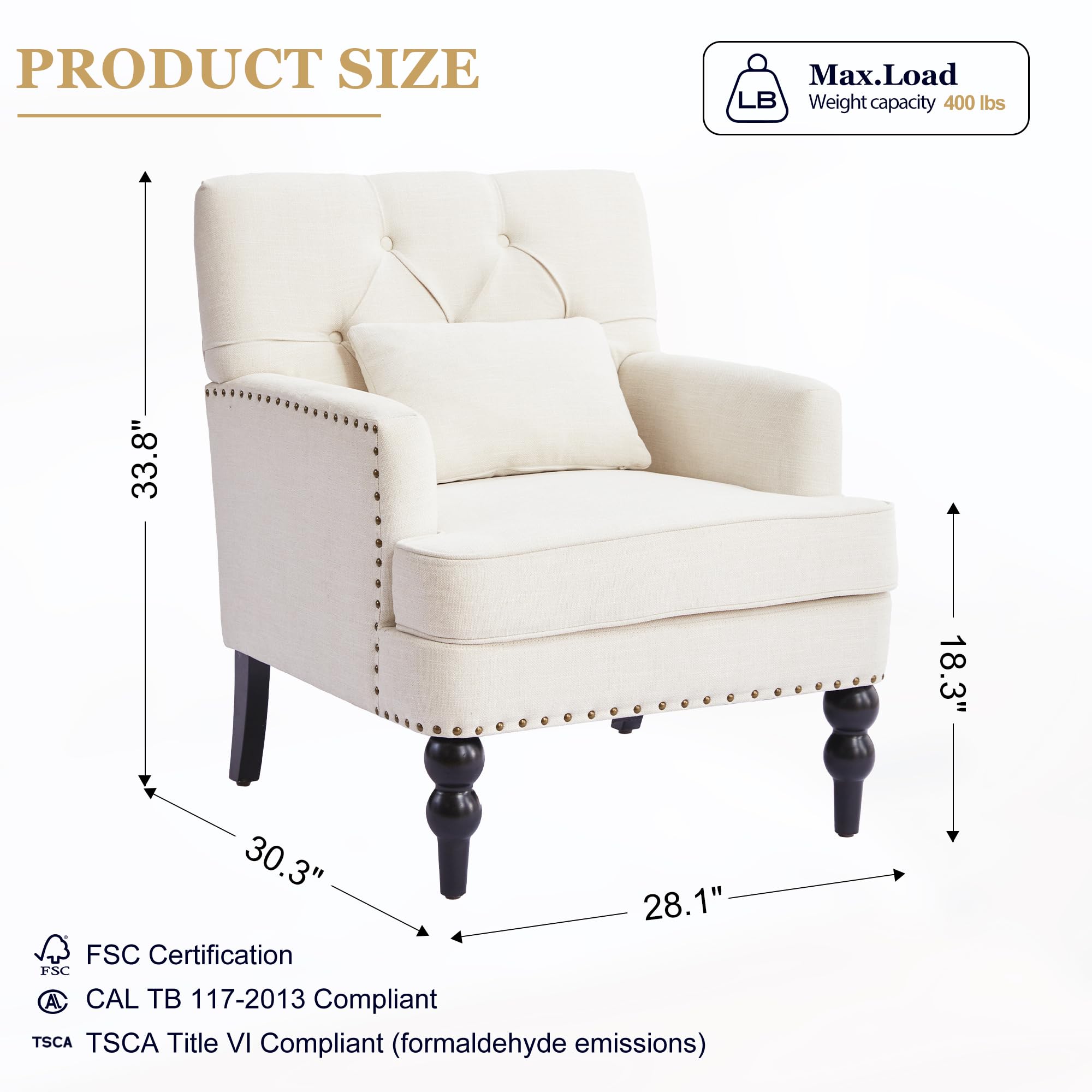 HUIMO Tufted Club Chair Set of 2 - Mid Century Modern Accent Chairs with Lumbar Pillow & Studded Upholstery, Beige Fabric Armchairs for Living Room, Bedroom, Office or Reading Nook - Cozy Seating for Relaxation & Home Decor