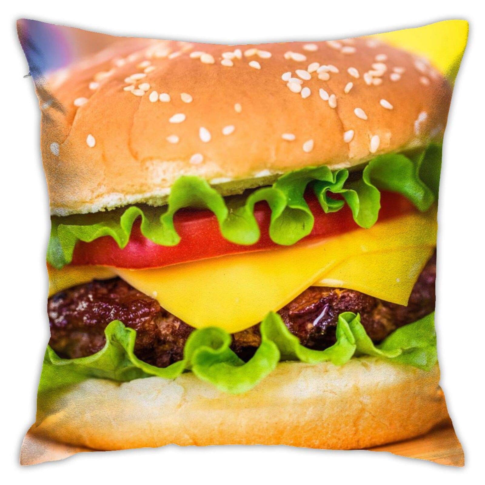 Jreergy Beef Hamburger Square Throw Pillow Covers 18x18 Inch - Soft Couch, Sofa & Car Decorative Pillow Cases - Perfect for Home Decor, Game Room & Fast Food Themed Parties