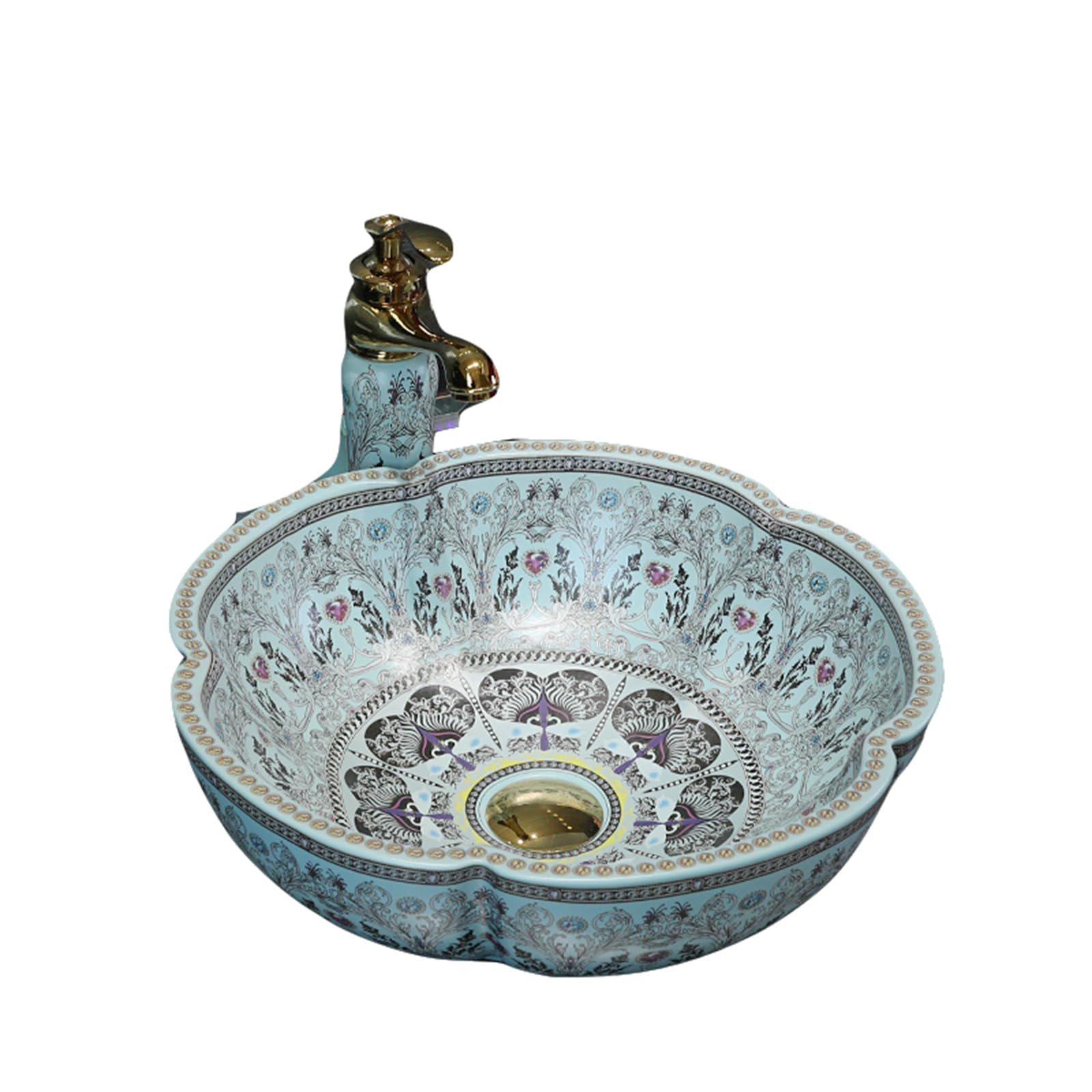 European Style Light Blue Floral Ceramic Vessel Sink - Above Counter Bathroom Vanity Top | Modern Farmhouse & Contemporary Bathroom Decor