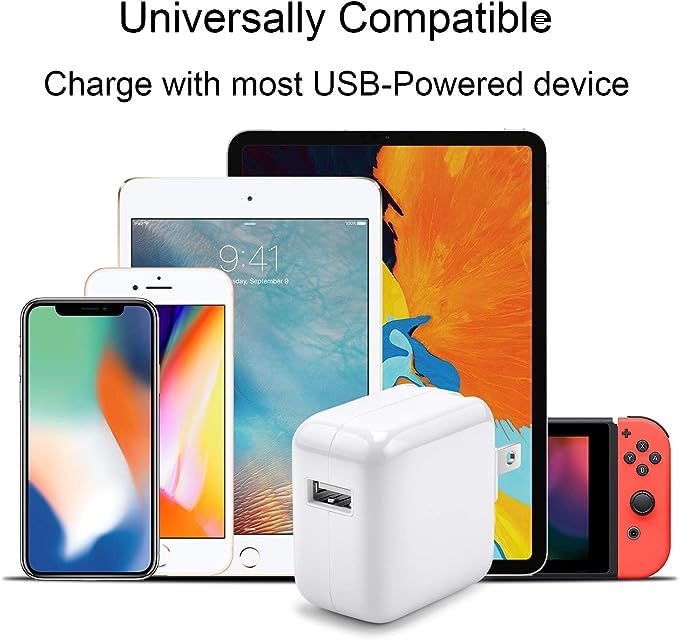 Fast Charger 12W USB Wall Plug - Foldable Travel Charger with USB Cable for iPhone, iPad, iPad Mini, iPad Air 1/2/3 & AirPods | Perfect for Home, Office & Travel Charging