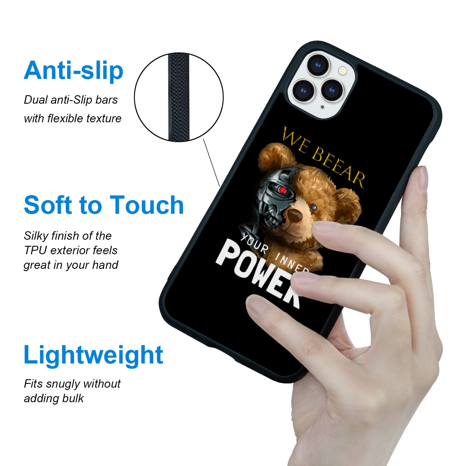 FANXI Shockproof Cute Bear Phone Case for iPhone 11 Pro Max 6.5 Inch - Protective Cover for Men, Women, Boys & Girls - Durable Case for Teens & Adults (Black) - Perfect for Everyday Use, School & Outdoor Activities