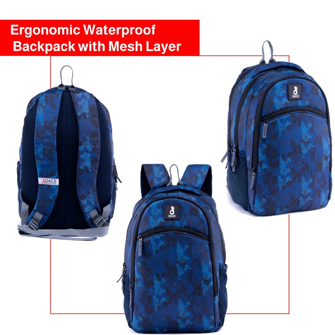 Dace Blue Printed Waterproof Laptop Backpack - 15.6 Inch Casual Business Travel Backpack for Men & Women, Lightweight College School Bag with USB Charging Port, Perfect for Office, Work, Commuting & Daily Use