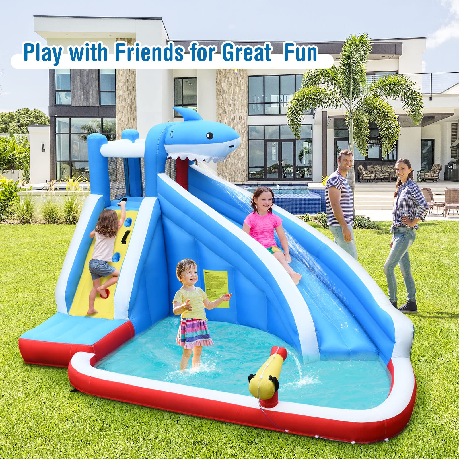 **HONEY JOY Shark Theme Inflatable Water Slide - Backyard Bounce House with Climbing Wall for Kids & Adults, Indoor Outdoor Water Park Fun (Blower Not Included) | Perfect for Summer Parties, Birthdays & Family Gatherings**