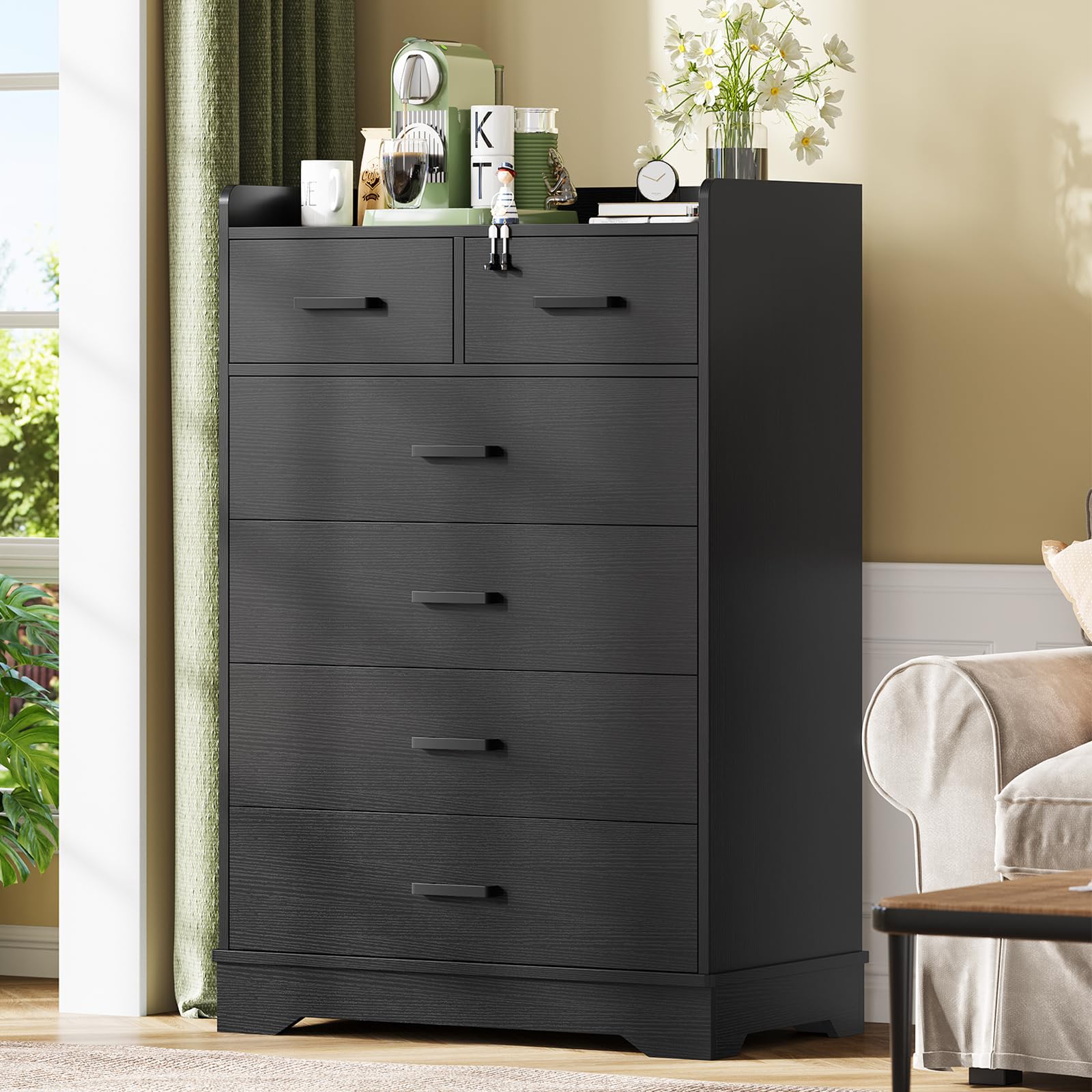 Hasuit Black 6 Drawer Dresser - Solid Wood Storage Chest with Large Capacity, Vertical Clothing Organizer for Bedroom, Hallway & Entryway | Perfect for Small Space Organization & Home Decor