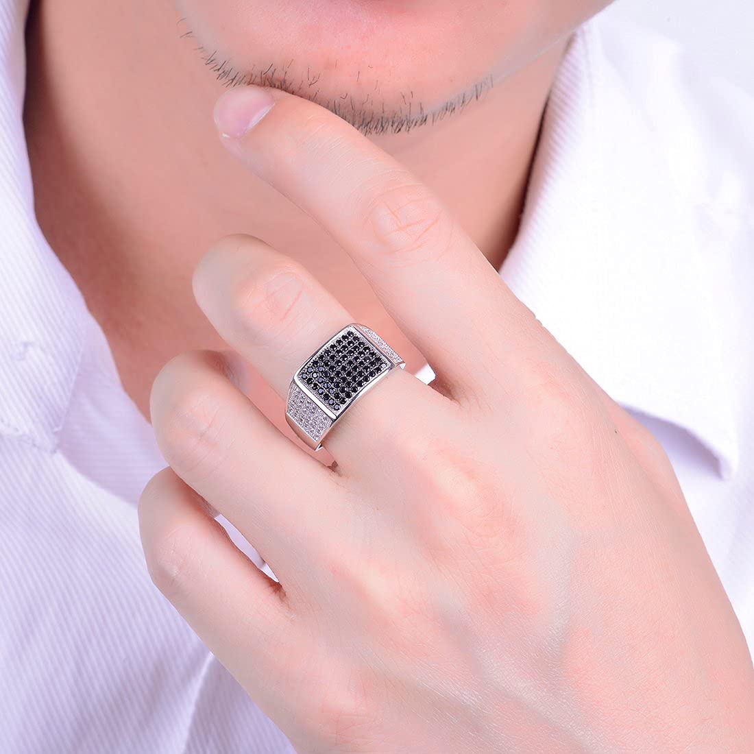 Micro Pave Black Onyx CZ Ring for Men & Women - 14K White Gold Plated Fashion Jewelry - Perfect for Weddings, Anniversaries & Special Occasions