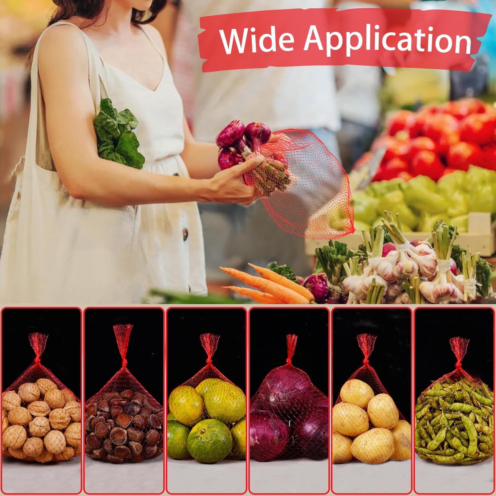 100Pcs Reusable Mesh Produce Bags - 16 Inch Stretchable Eco-Friendly Grocery Bags for Vegetables, Fruits, Onions, Potatoes & Seafood Storage | Perfect for Farmers Market, Grocery Shopping & Food Preservation