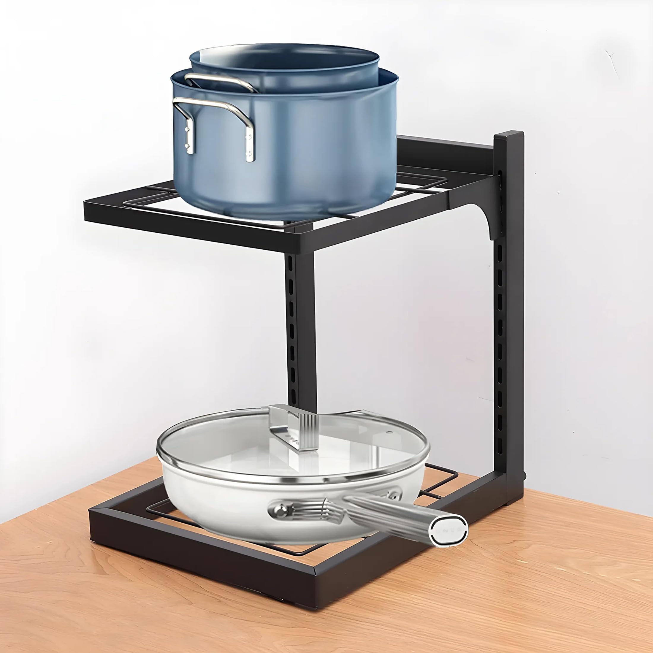 Kuber Industries 2-Layer Pots and Pans Organizer Rack - Adjustable Kitchen Storage for Cookware & Lids - Space Saving Cabinet Shelf Organizer - Perfect for Small Kitchens & Closet Organization (Black)