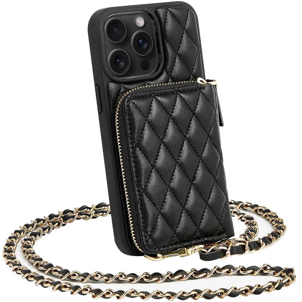 LAMEEKU iPhone 13 Pro Max Wallet Case with Card Holder & Crossbody Chain - 6.7 Inch Quilted Leather Phone Purse for Women (Black) - Perfect for Shopping, Travel and Everyday Use