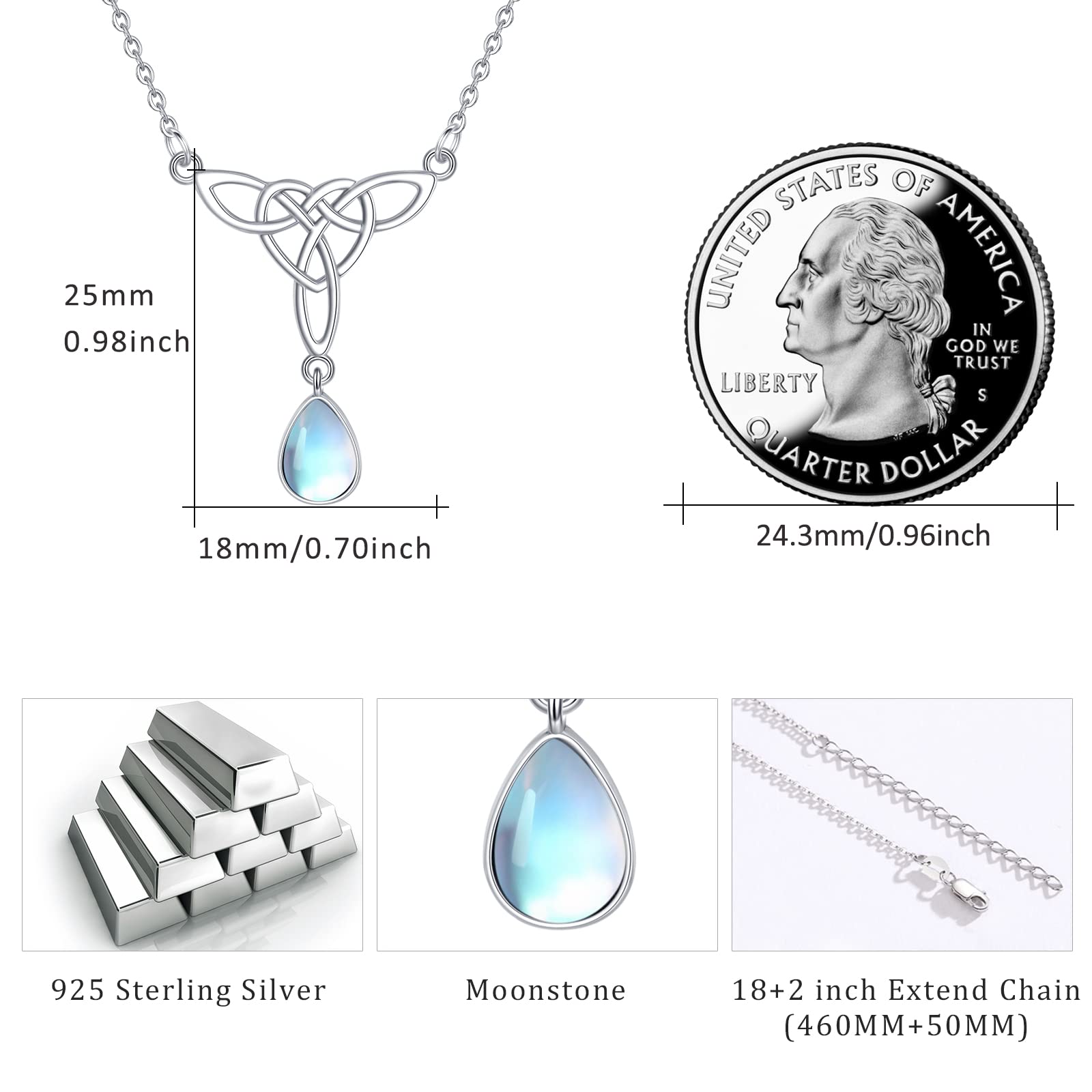 925 Sterling Silver Celtic Knot Necklace with Moonstone & Turquoise Pendant - Elegant Jewelry Gift for Women, Birthday, Christmas | Boho Style, Spiritual Healing, Everyday Wear