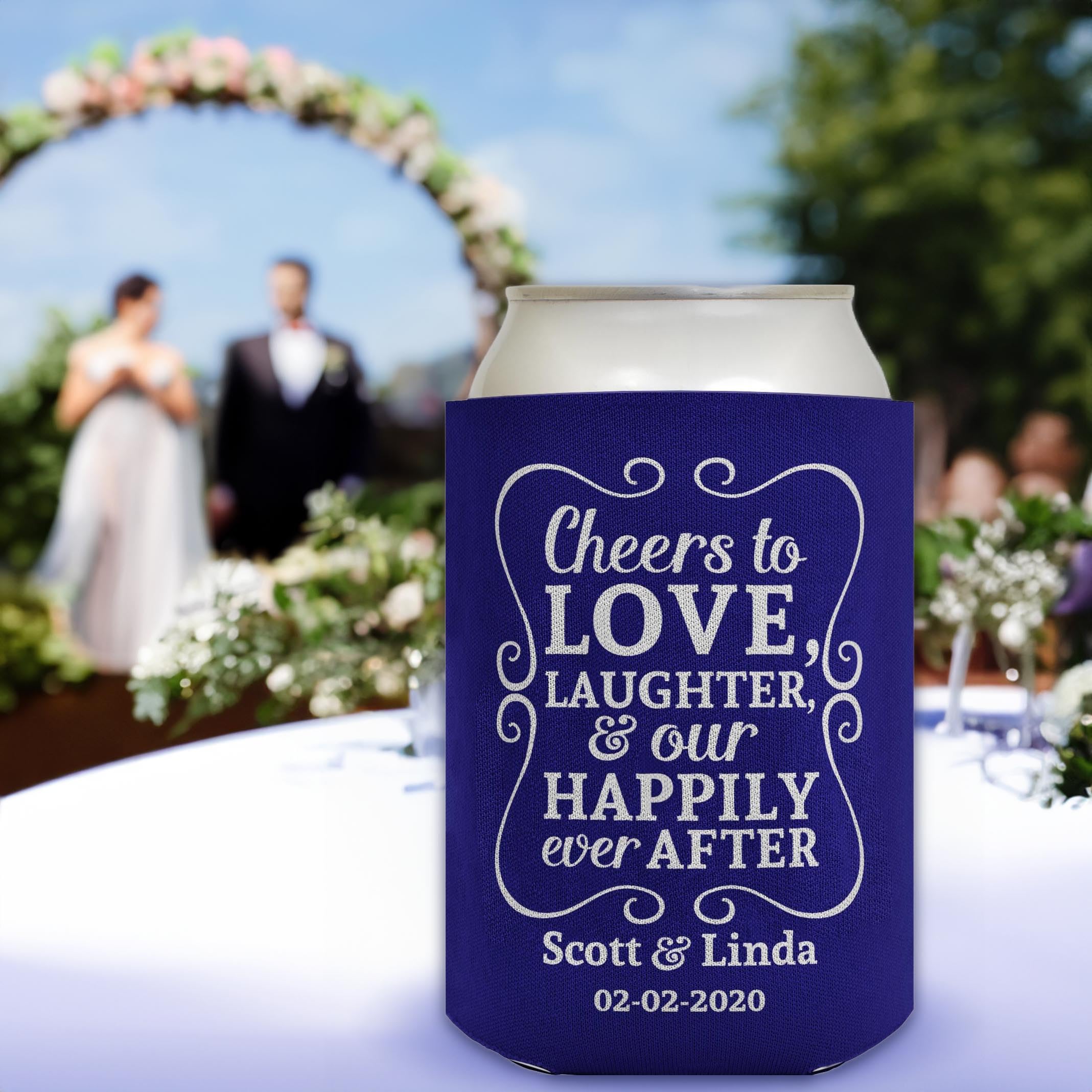 Cheers To Love Custom Names & Date 96-Pack Personalized Can Coolie Drink Coolers - Sapphire Blue - Perfect for Weddings, Parties & Outdoor Events