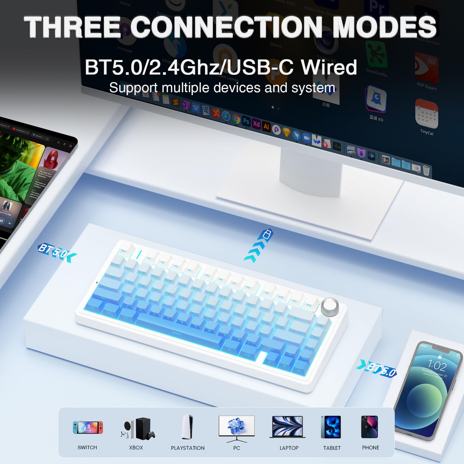 AULA F75 Wireless Mechanical Keyboard, 75% RGB Backlit, Hot Swappable for Gaming (Blue)