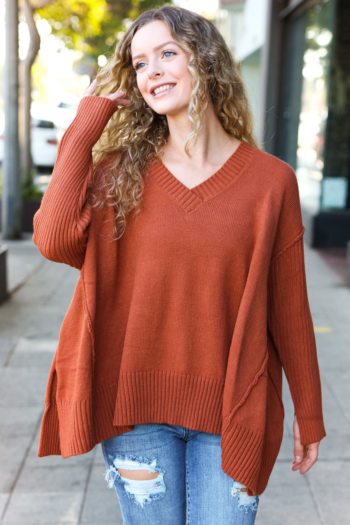 Stylish Rust Oversized V-Neck Rib Knit Sweater for Women | Cozy Fall & Winter Pullover | Perfect for Casual Outings, Date Nights & Office Wear