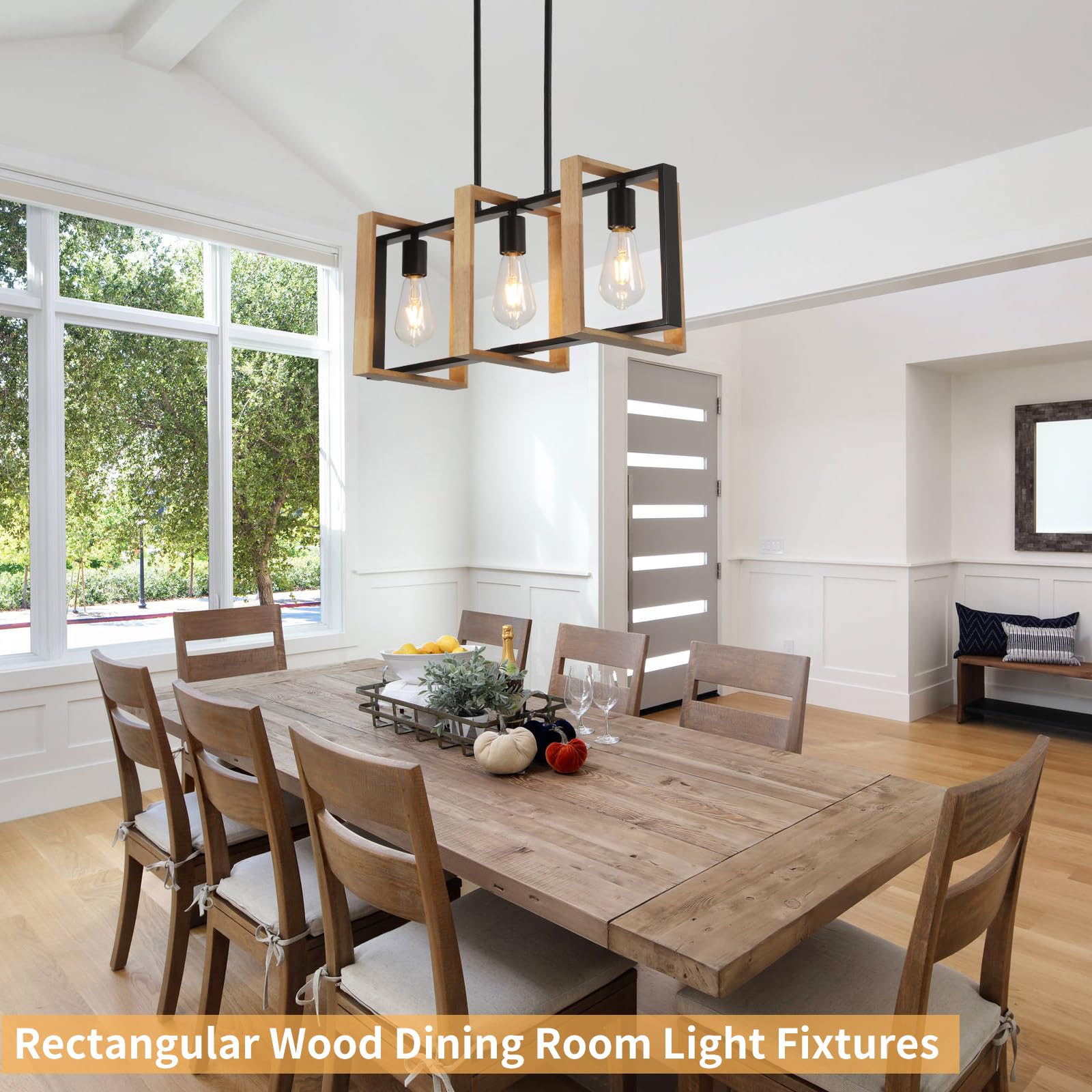 Farmhouse Kitchen Island Pendant Lights - Adjustable 3-Light Black Wood Hanging Fixtures for Modern and Rustic Kitchen Decor