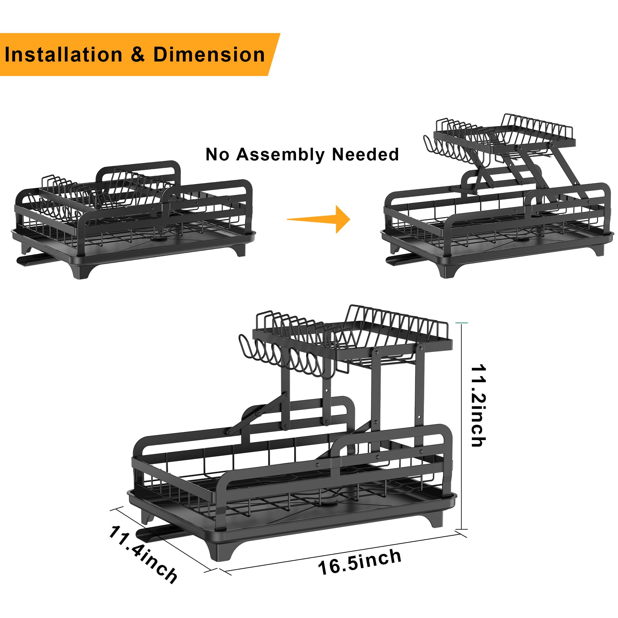 2-Tier Stainless Steel Dish Drying Rack for Kitchen Counter - No Installation Needed with Drain Board - Space Saving Dish Organizer for Small Apartments - Perfect for Drying Plates, Cups & Utensils After Washing