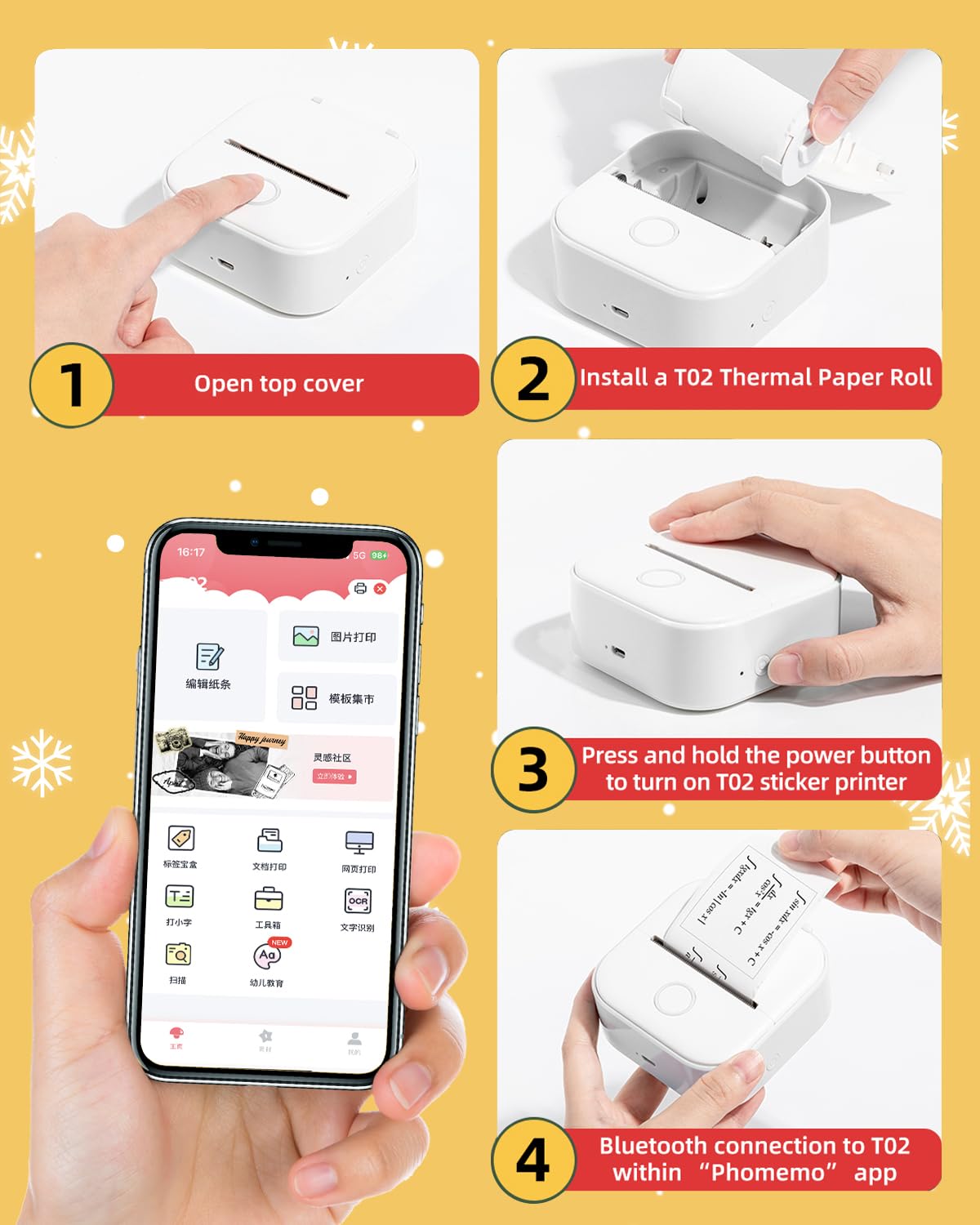 Memoqueen T02 Mini Portable Thermal Sticker Printer - Wireless Bluetooth Compatible with iPhone & Android, Includes 3 Rolls Sticker Paper - Perfect for DIY Crafts, Scrapbooking, Journaling, School Projects & Birthday Gifts (White)