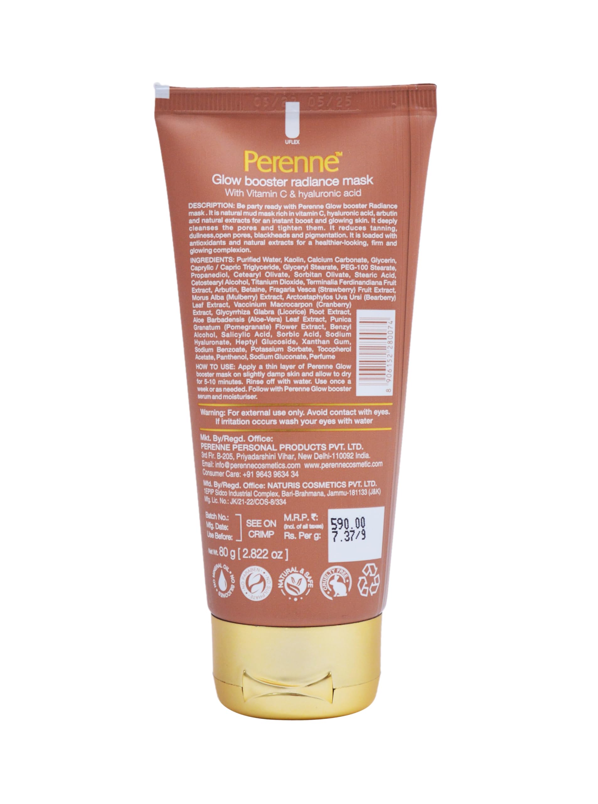 Perenne Glow Booster Mask with Vitamin C & Hyaluronic Acid - 80g Natural Clay Face Mask for Detox, Brightening & Glowing Skin | For Men & Women | Perfect for Daily Skincare & Spa Nights