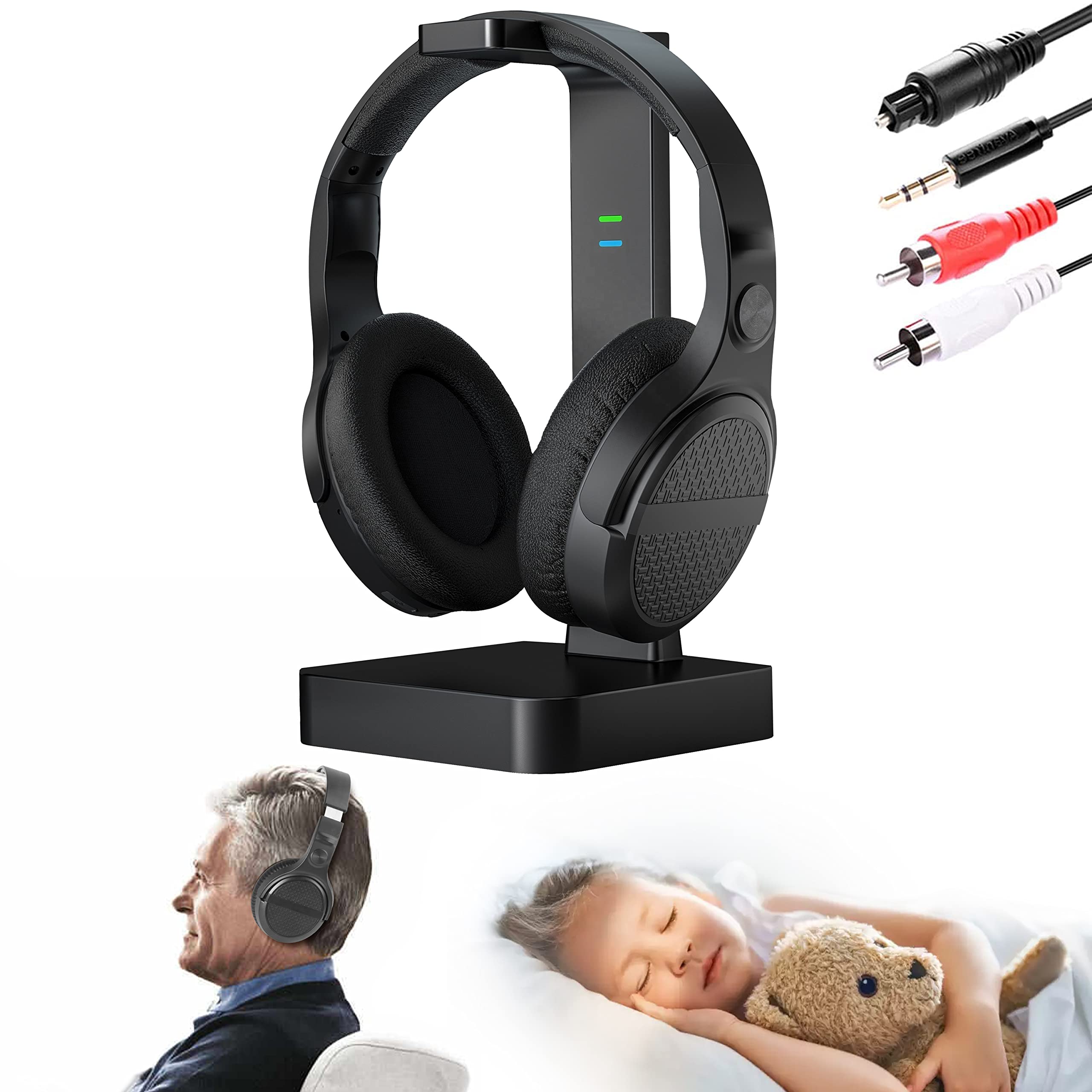 MONODEAL Wireless Headphones for TV Watching - 2.4GHz RF Over-Ear Headset with Digital Optical/RCA Transmitter, 197ft Range, 3 Audio Modes & 10Hr Playtime - Perfect for Late Night TV, Gaming & Home Theater Systems