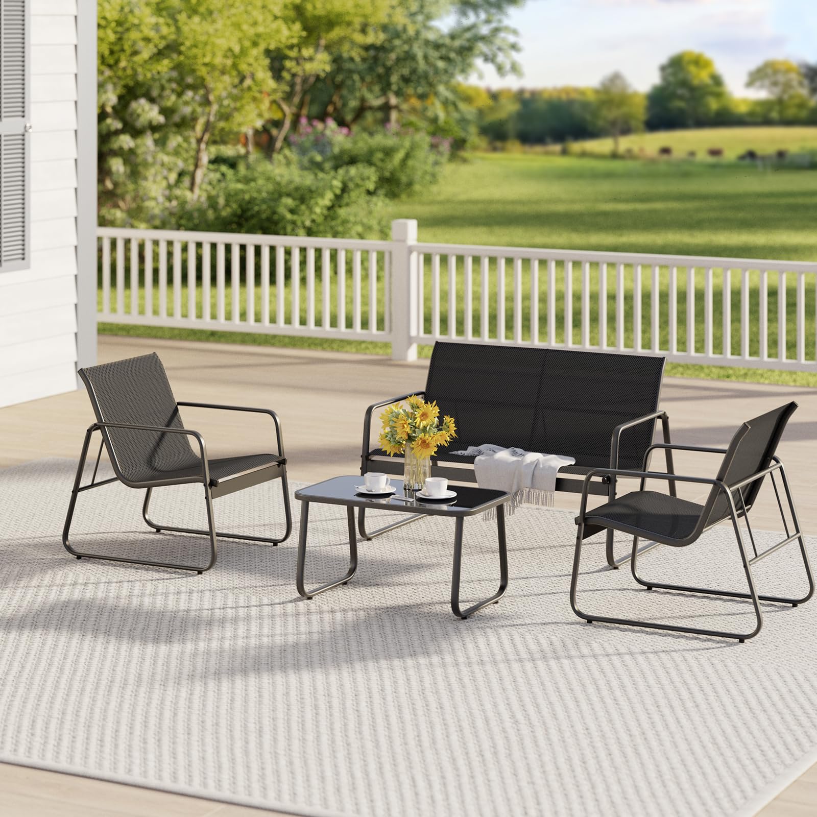 Gizoon 4-Piece Outdoor Patio Furniture Set - Black Loveseat, 2 Chairs & Bistro Table for Backyard, Balcony, Garden, Lawn - Perfect for Relaxing, Entertaining & Outdoor Dining