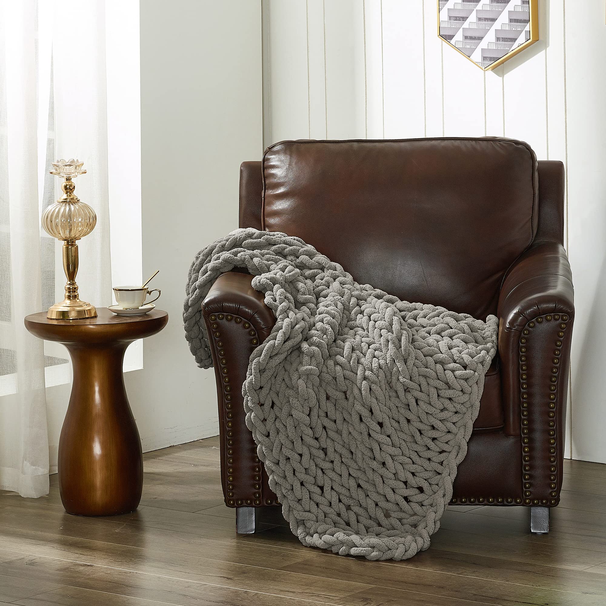 Donna Sharp Chenille Knitted Dove Throw Blanket - Oversized Loop Pattern Contemporary Decorative Blanket for Sofa, Bed & Home Decor | Cozy Living Room Accent