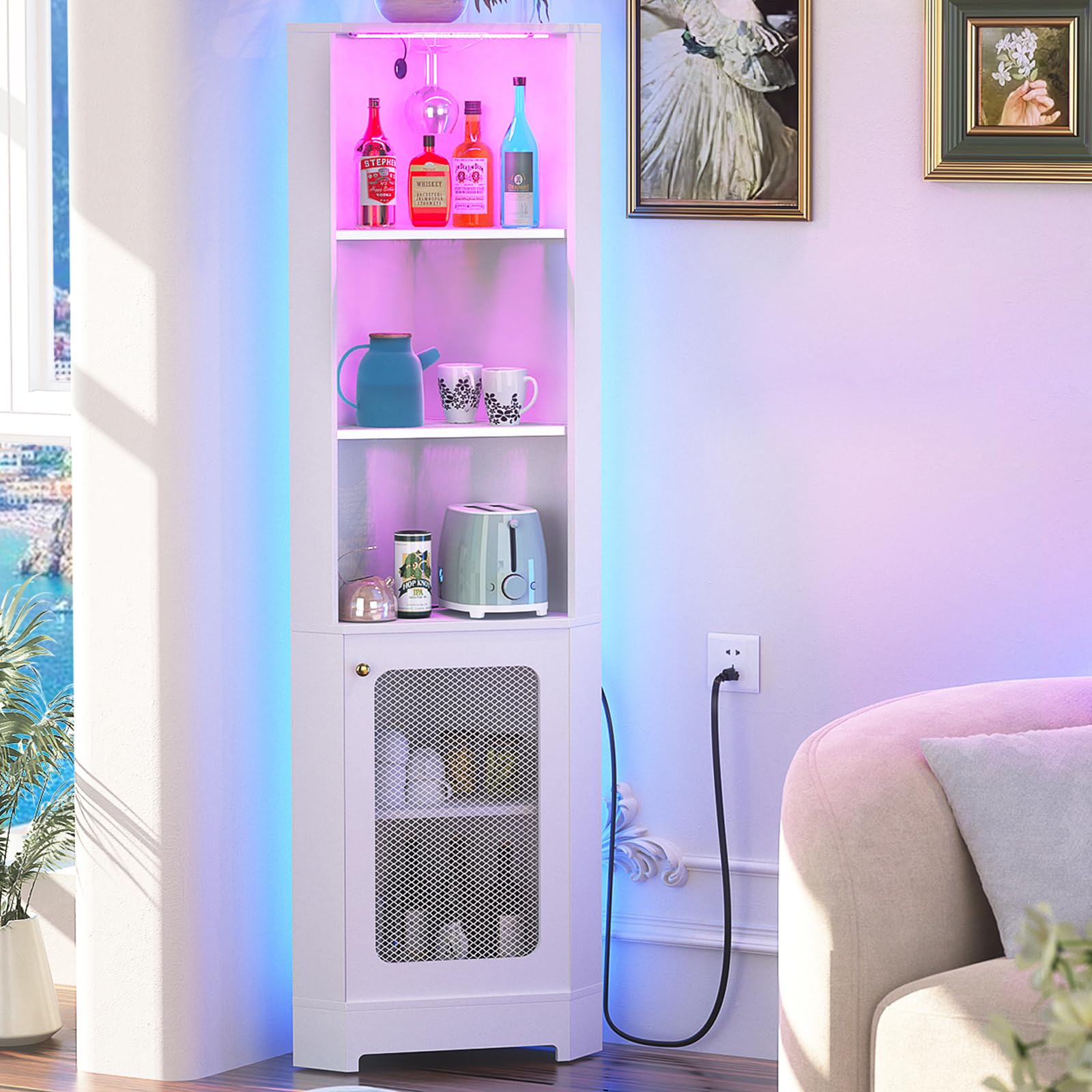 5-Tier White Corner Shelf with Power Outlet & LED Light - Glass Holder Storage Cabinet for Living Room, Kitchen, Bar - Space-Saving Display Unit for Small Spaces & Home Decor