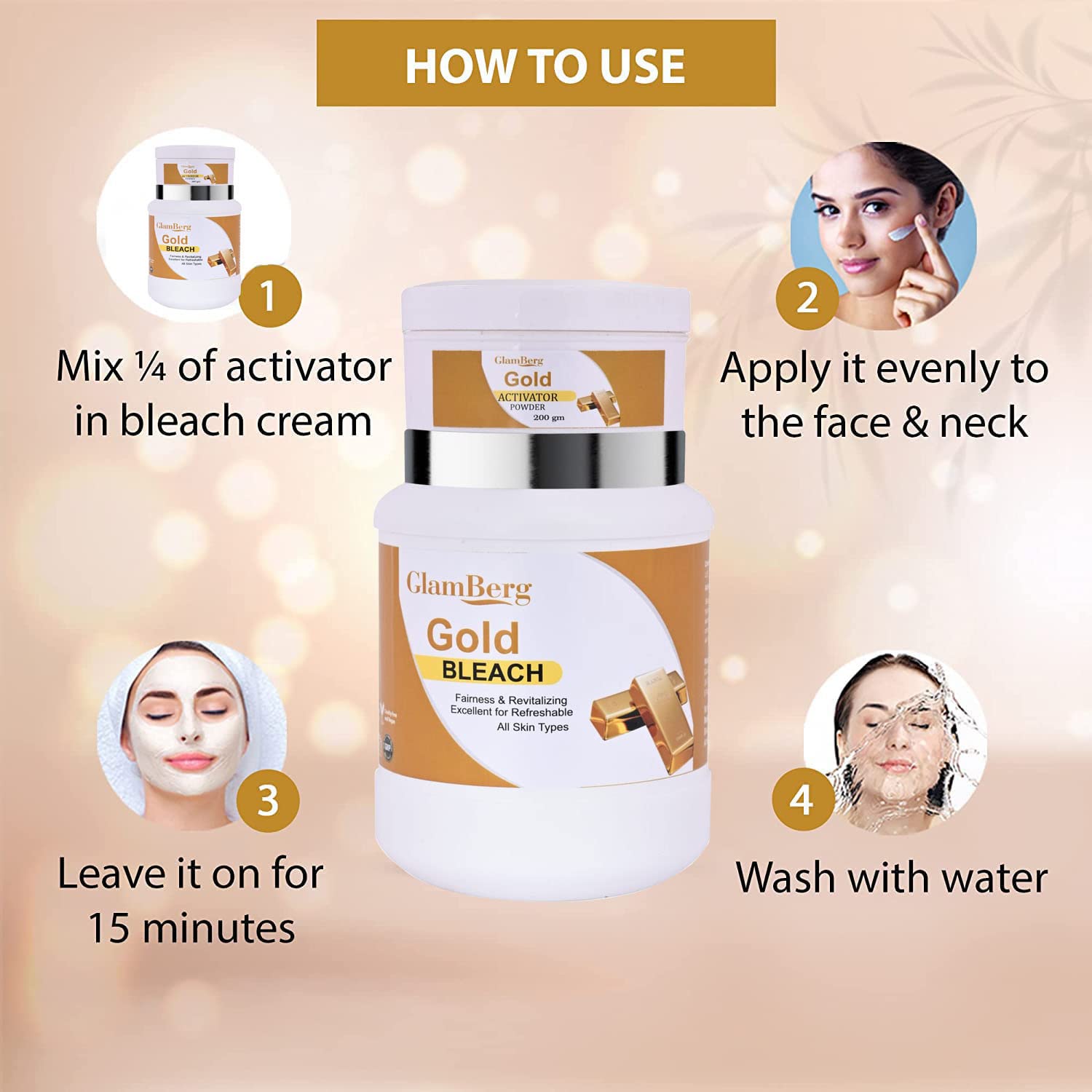 GlamBerg Gold Bleach Cream 800ml for Dead Skin & Blackheads with Activator Powder 200gm - Brightening Skin Treatment for Face & Body at Home