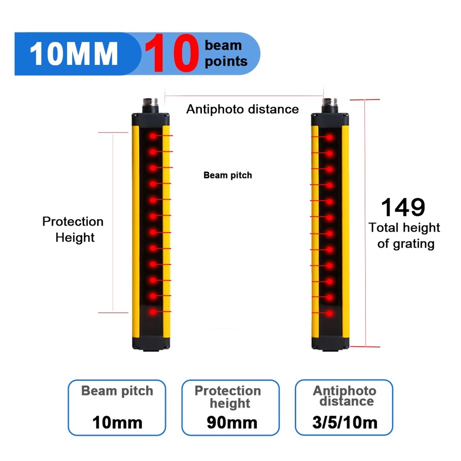 CAARLA Safety Light Curtain Sensor - 4-42 Beam Photoelectric Switch with 10mm Resolution | 3/5/10M Protection Range | NPN/PNP Universal (APS30-1010, 3m Distance) | Ideal for Industrial Machinery Safety & Automated Production Lines