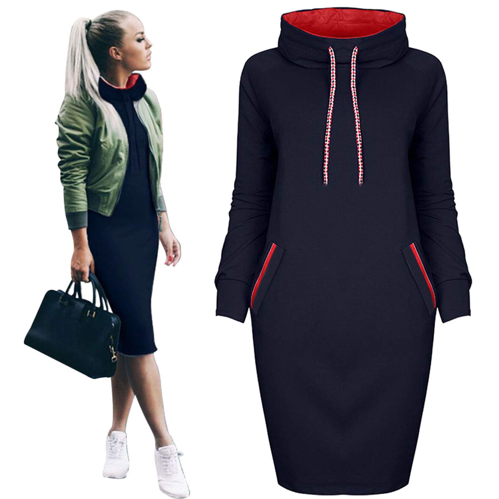 Women's Hemlock Hoodie Dress - Turtleneck Sweatshirt Dress with Long Sleeves & Pockets | Fall Midi Sweater Dress for Casual Wear, Coffee Dates & Cozy Loungewear