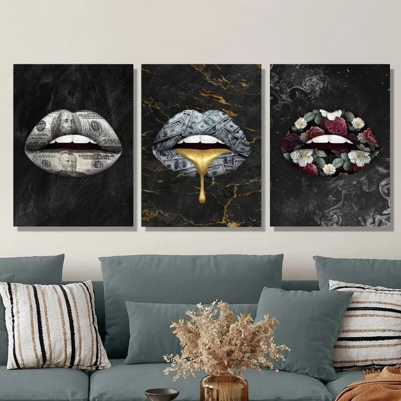 3pcs Money Lips Creative Poster - Golden Expensive Metal Print Wall Art Ready to Hang | Perfect for Home Decor, Office & Gift Giving