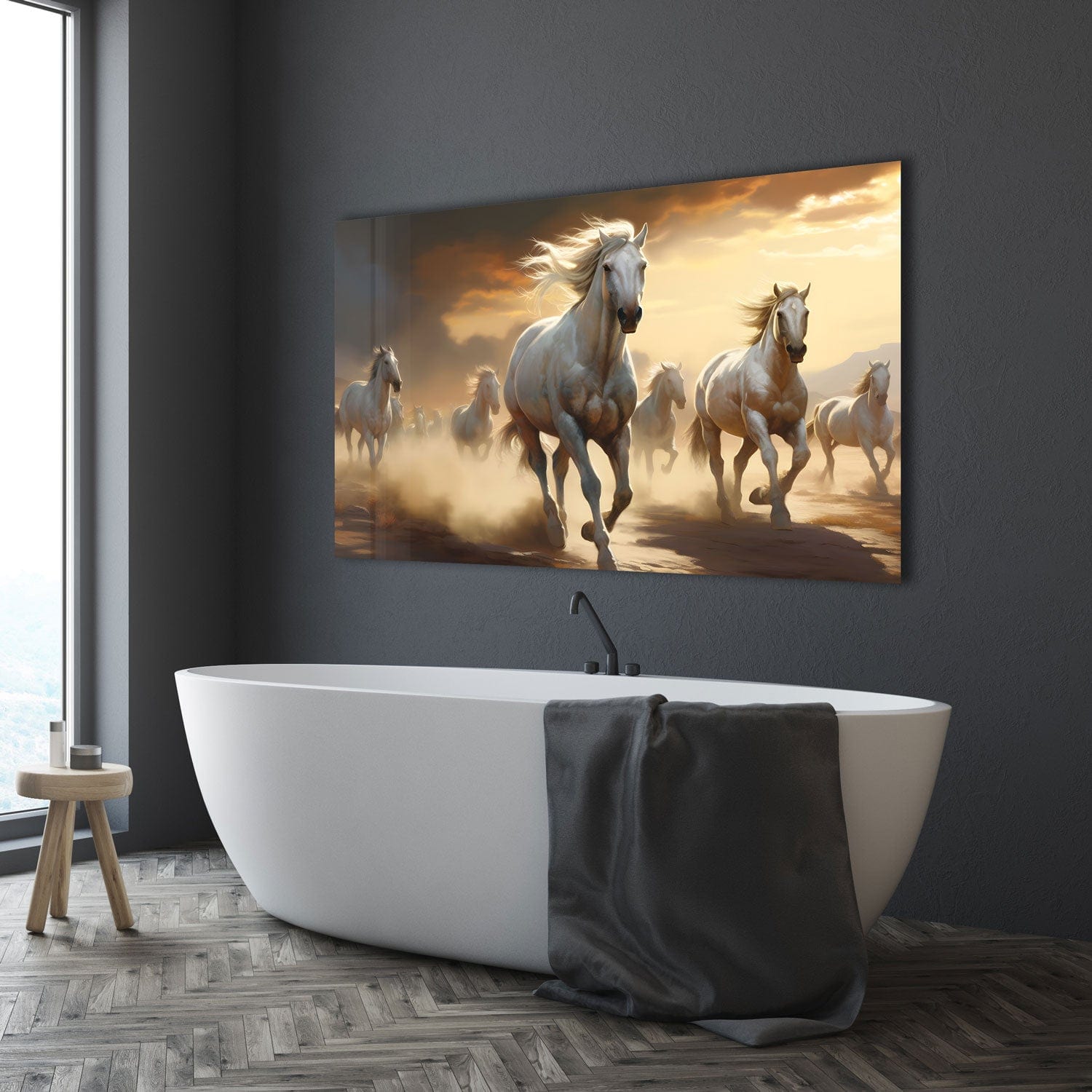 White Horses Tempered Glass Wall Art - Elegant Home Decor for Living Room, Bedroom & Office - Shatterproof & Stylish
