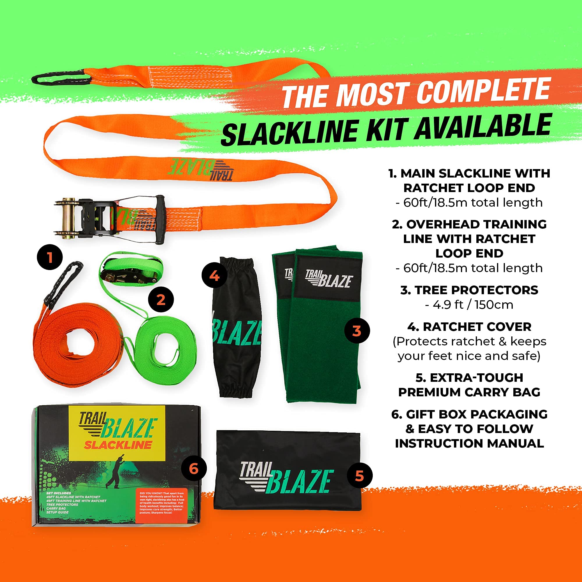 60ft Complete Slackline Kit with Wider Tree Protectors - Backyard Training, Outdoor Fitness & Adventure Activities for Kids & Adults