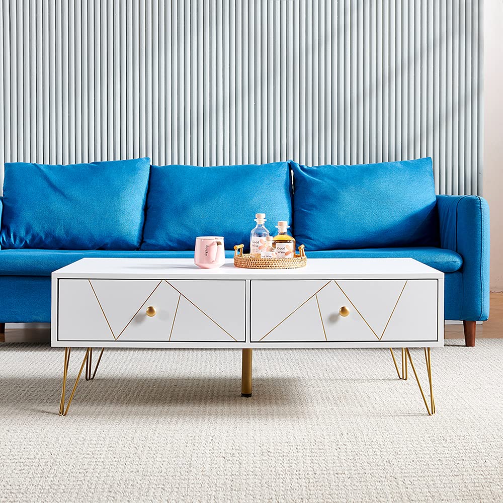 Modern Coffee Table with 2 Drawers & Hairpin Legs - Golden Groove Design Center Table for Living Room, Office & Home Decor - Perfect for Small Spaces, Coffee Time & Stylish Interior Design