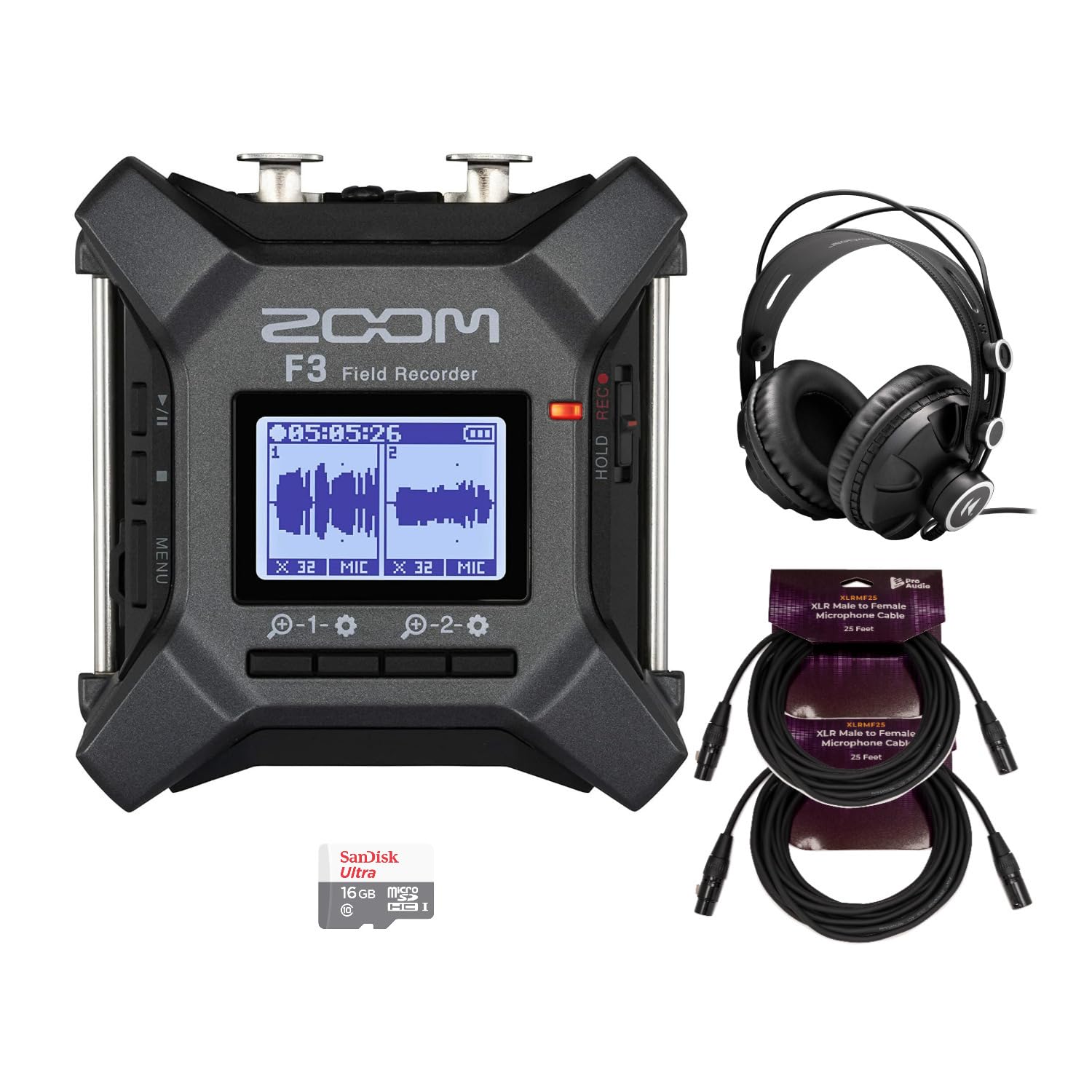 Zoom F3 32-bit Float Digital Multitrack Field Recorder Bundle with Studio Headphones, 128GB microSDXC Card & 2 XLR Cables - Professional Audio Recording for Podcasts, Music Production & Field Interviews (5-Piece Kit)