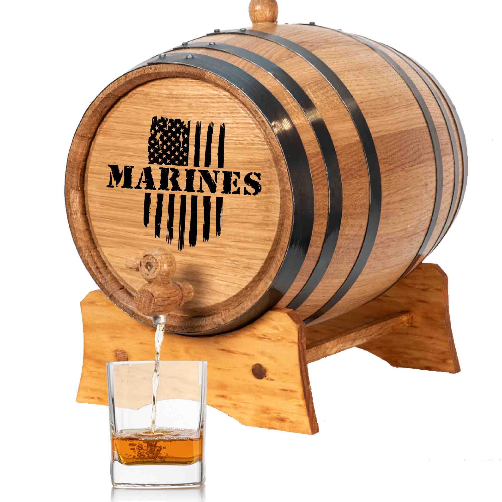 USMC Engraved 5 Gallon Oak Aging Barrel with Wood Stand - Military Veteran Gift, 20L Mini Whiskey Barrel for Home Distilling, Brewing & Winemaking | Perfect for Bourbon, Whiskey, Moonshine & Craft Beer Aging