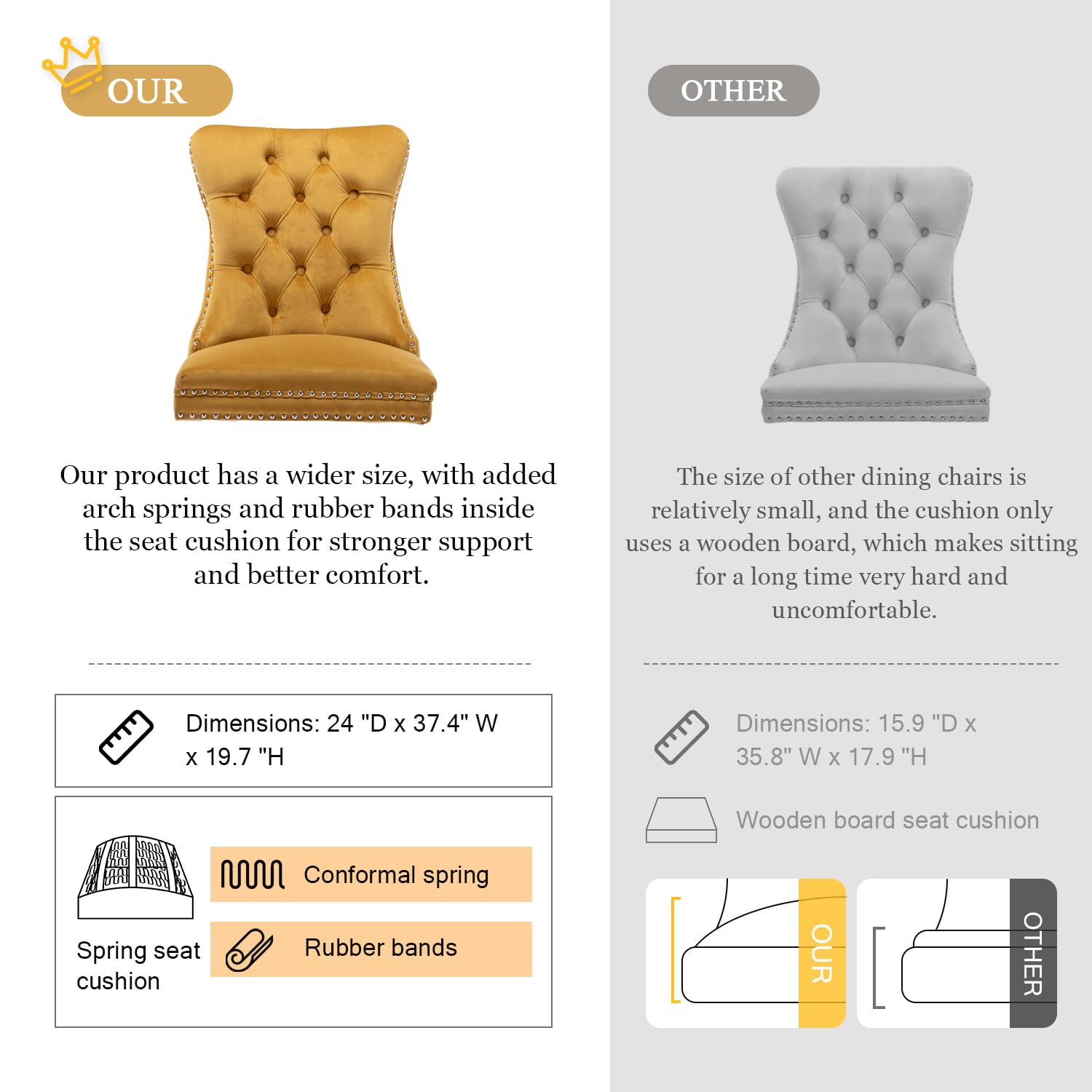 Luxury Velvet Dining Chairs Set of 2 - Upholstered Tufted Accent Chairs with Ring Pull Trim & Button Back, Mid-Century Modern Dining Room Chairs for Kitchen, Living Room, Bedroom (Gold) | Perfect for Home Decor, Dinner Parties & Cozy Seating Areas