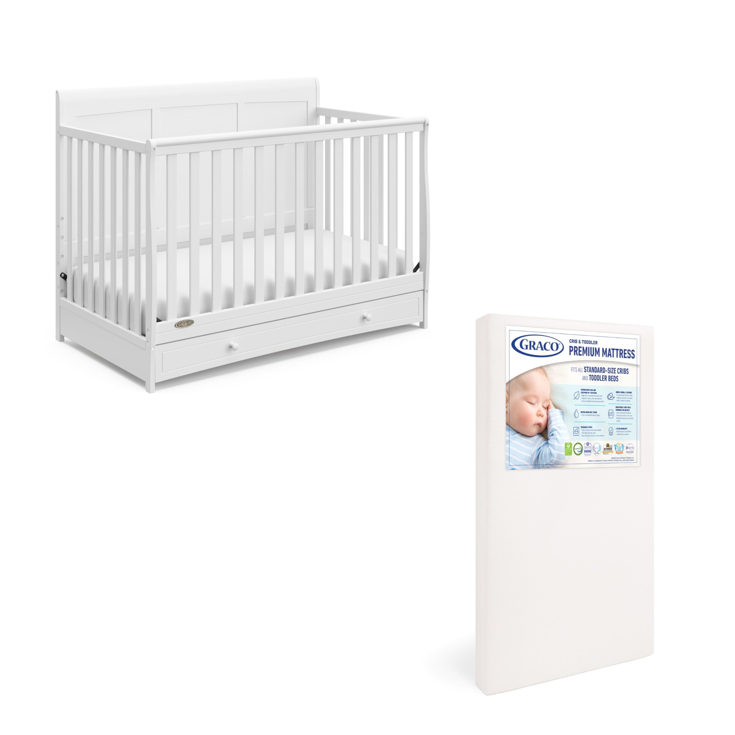 Graco Asheville 4-in-1 Convertible Crib with Storage Drawer - White Baby Crib & Toddler Mattress Set | Premium Foam Support | Nursery & Kids Room Essential