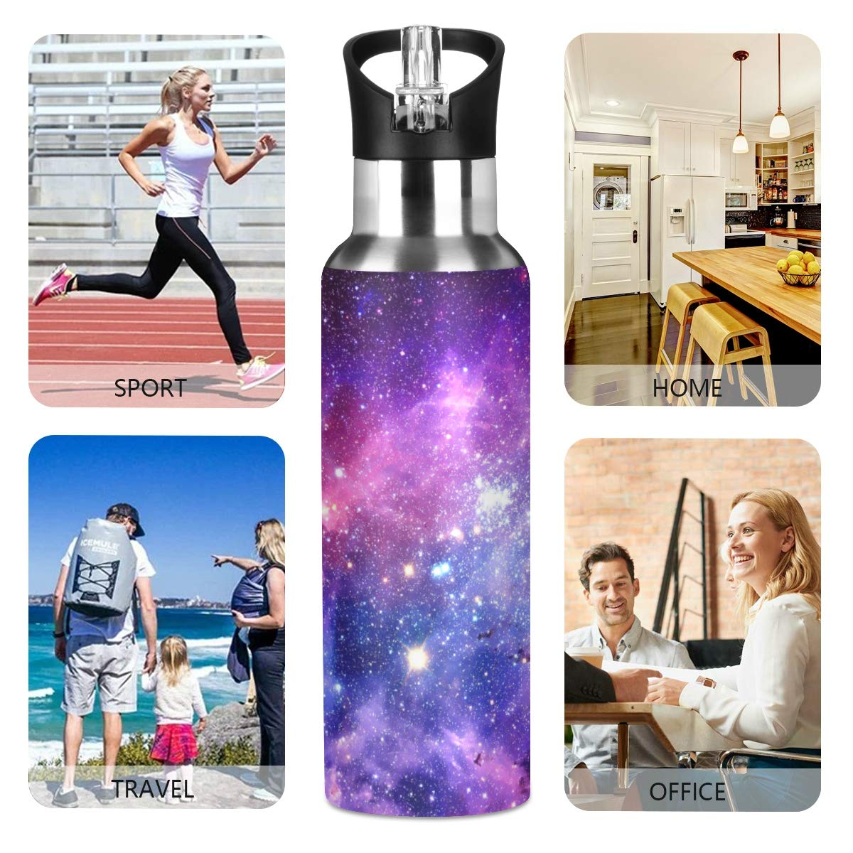 Purple Galaxy Stainless Steel Water Bottle 20 oz - Double Wall Vacuum Insulated, Leak-Proof with Straw Lid - Perfect for Gym, Hiking & Outdoor Activities