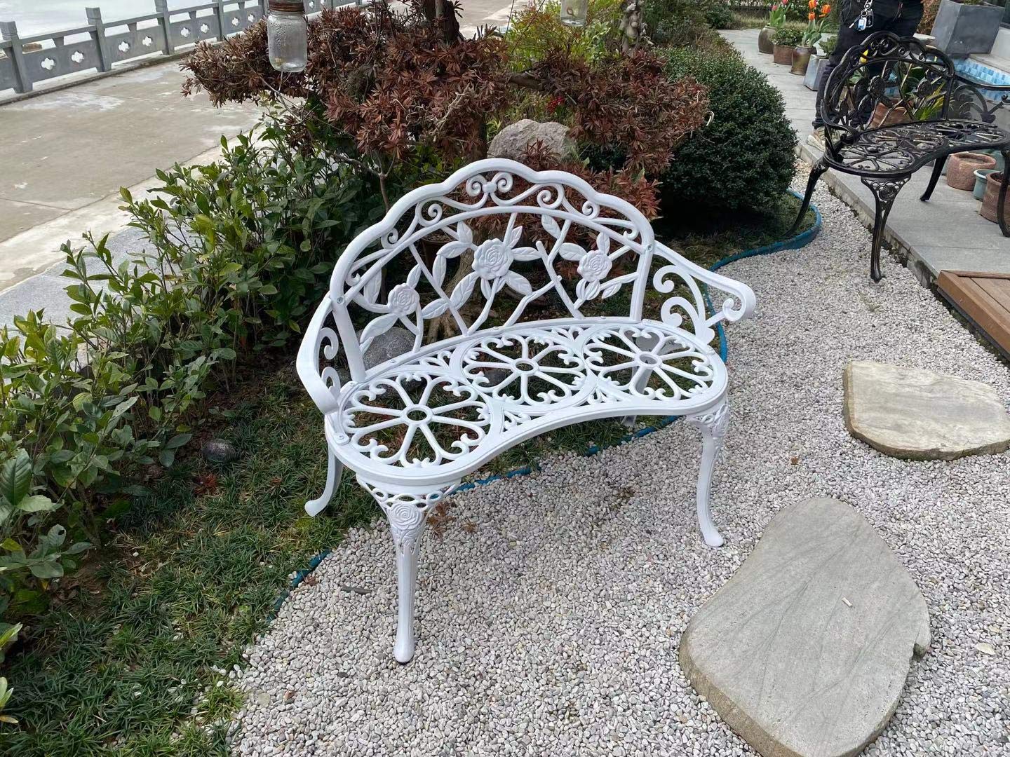 White C/G Patio Balcony Bench - Double Seat Cast Aluminum Outdoor Garden Bench for Park, Yard & Patio - Rust-Resistant Durable Furniture for Relaxing Outdoors
