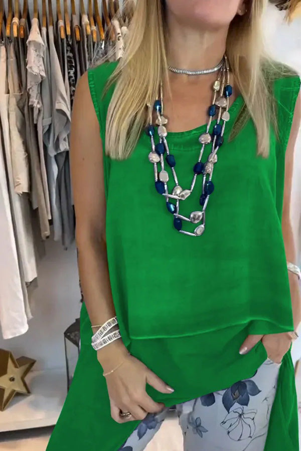 Solid Color Sleeveless Casual Fake Two Piece Irregular Loose Top Women's Fashion Blouse - Perfect for Summer Outfits, Beach Wear and Casual Street Style