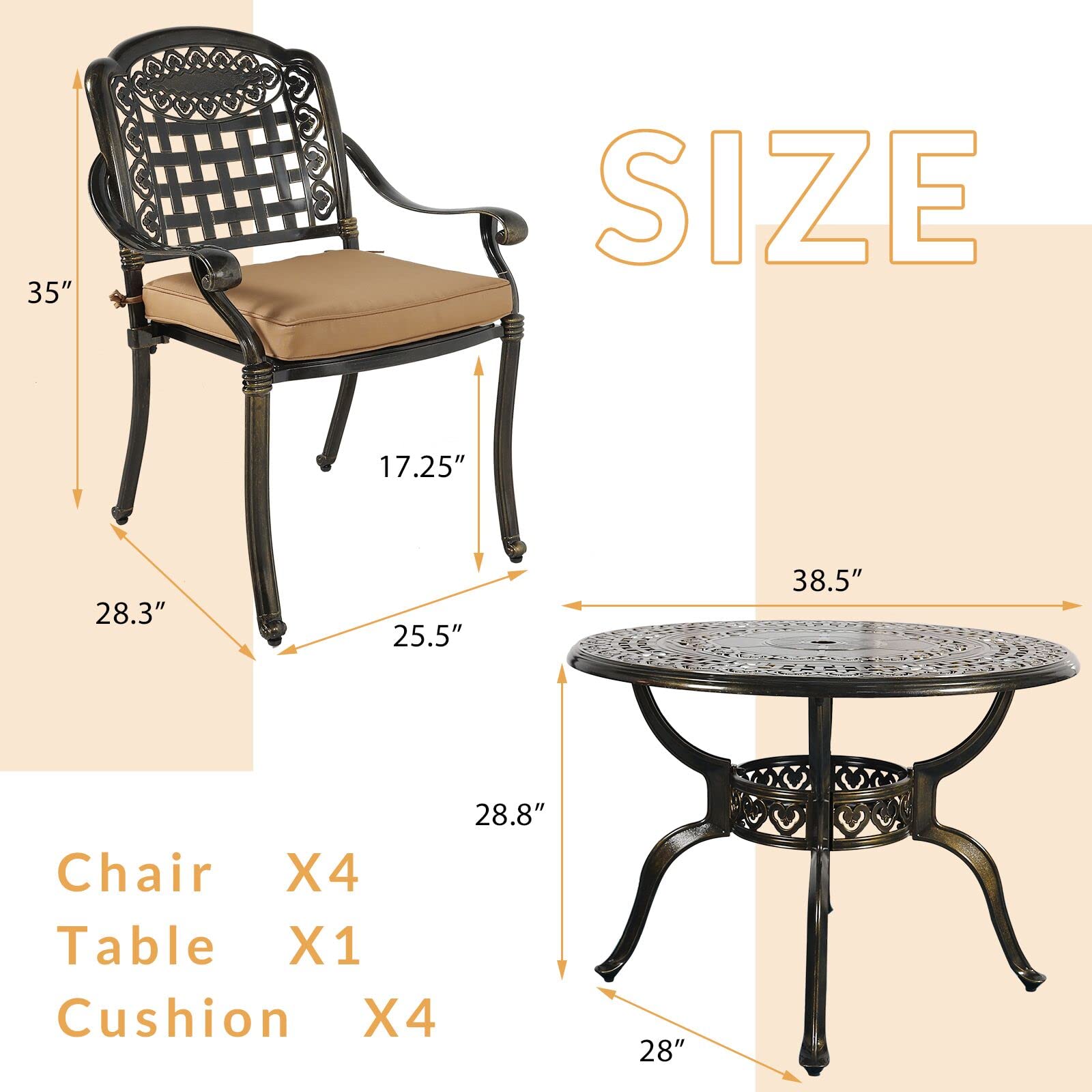 5-Piece All-Weather Outdoor Patio Dining Set - Cast Aluminum Garden Furniture with 4 Chairs, 4 Cushions & 38.5