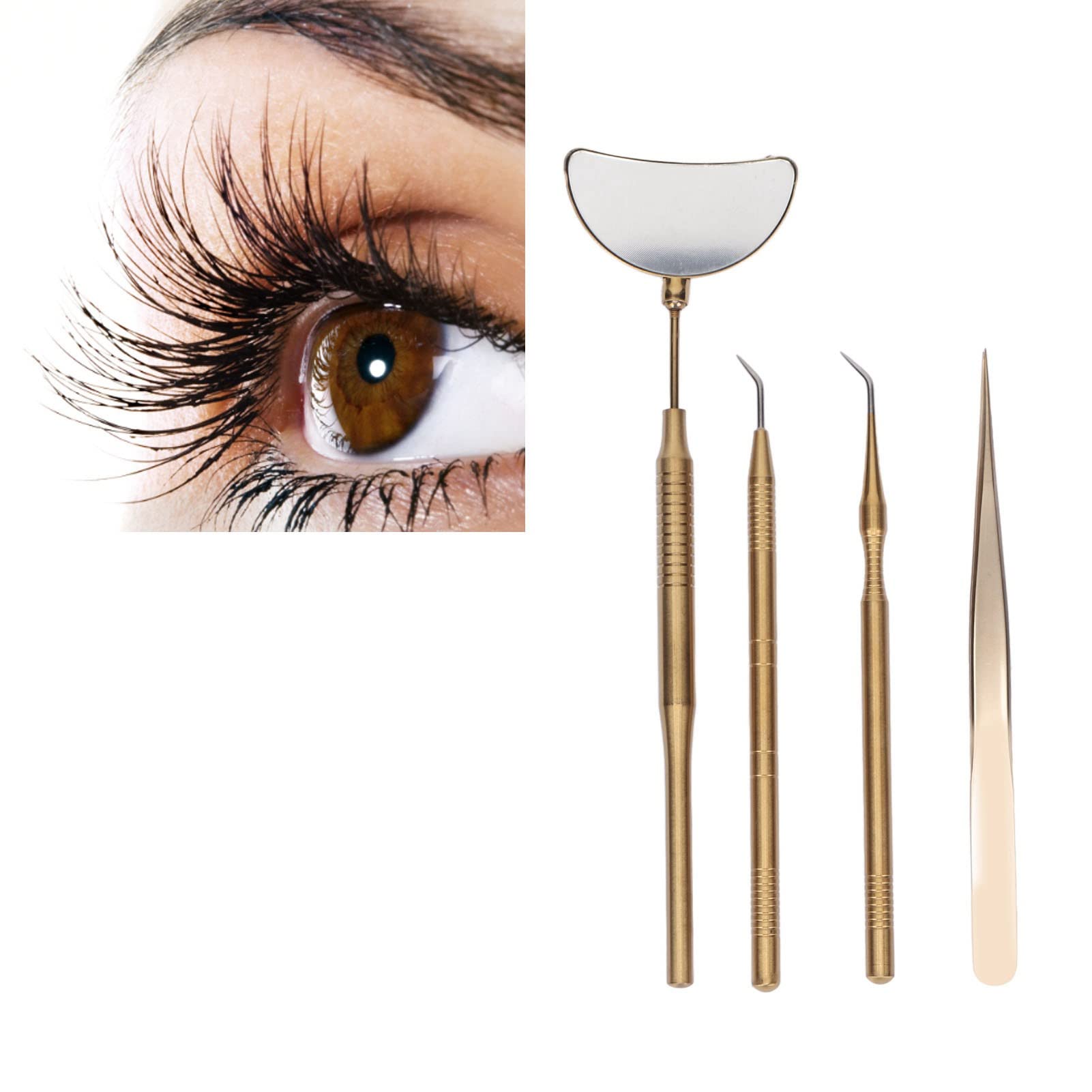 4-Piece Professional Eyelash Extension Tweezers Set - Stainless Steel, Non-Slip Rotating Mirror Handle - Perfect for Lash Artists & DIY Makeup - Gold (Great for Salon, Home Use & Professional Nail Art)