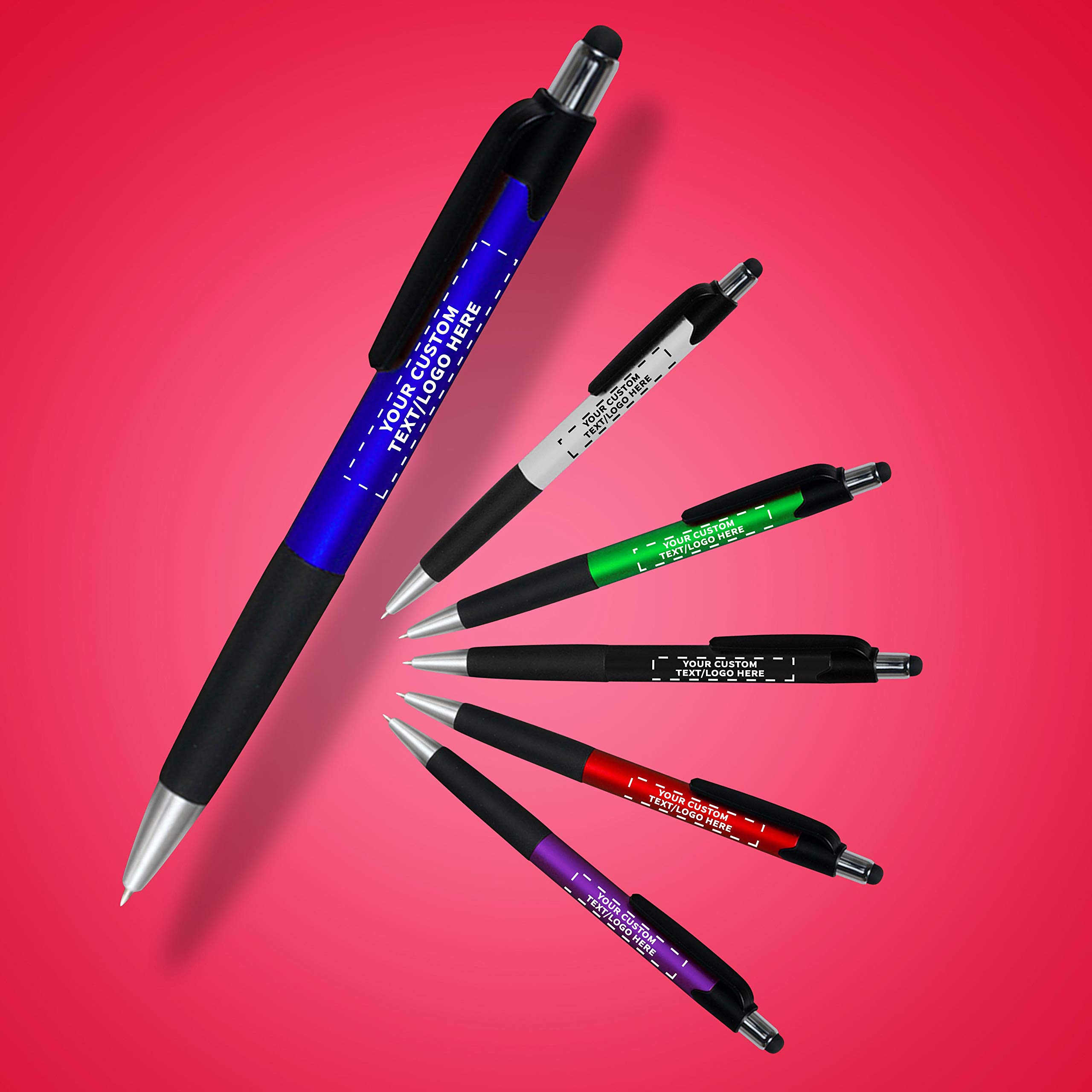 50 Pack Touch Screen Stylus Pens - Customizable Text & Logo - Metallic Blue Plastic Pens for Office, School & Digital Note Taking