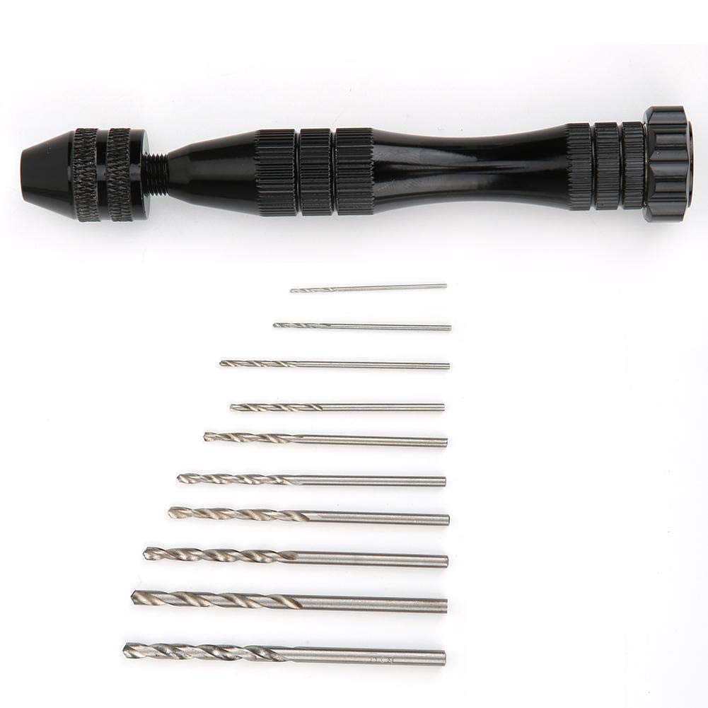 Twisted Hand Drill Set - Black Aluminum Alloy Manual Woodworking Tool with 10 Drill Bits for DIY Projects, Wood Crafting & Home Repairs