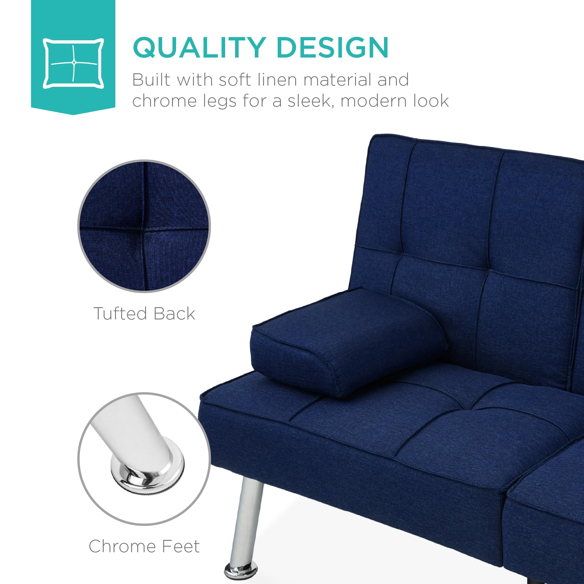 Best Choice Products Modern Folding Futon Sofa Bed - Convertible Recliner with Removable Armrests & 2 Cup Holders - Dark Blue Linen Fabric - Perfect for Small Apartments, Dorm Rooms & Guest Rooms