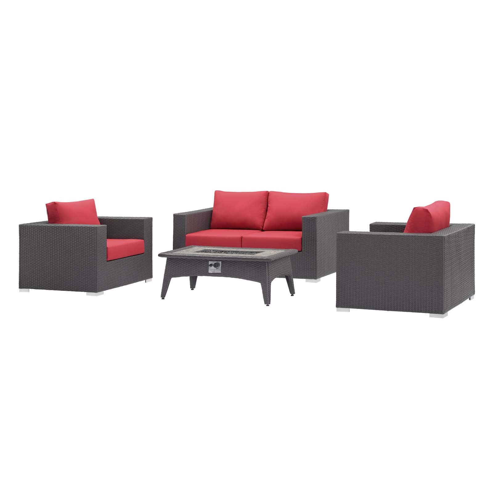 Modern Outdoor Patio Lounge Set - Red Fabric Rattan Wicker Sofa, Chair & Coffee Table Fire Pit for Backyard Relaxation and Entertaining
